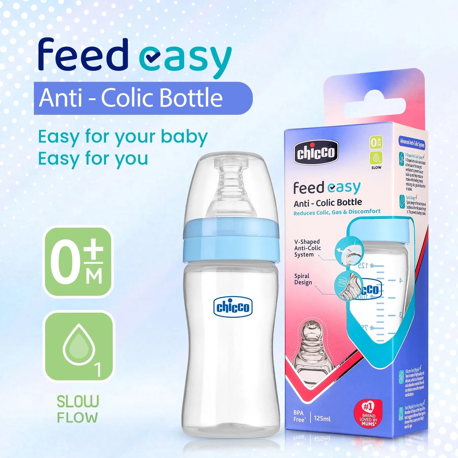 chicco Feed Easy Baby Bottle 125ml Slow Flow 0M+ Blue