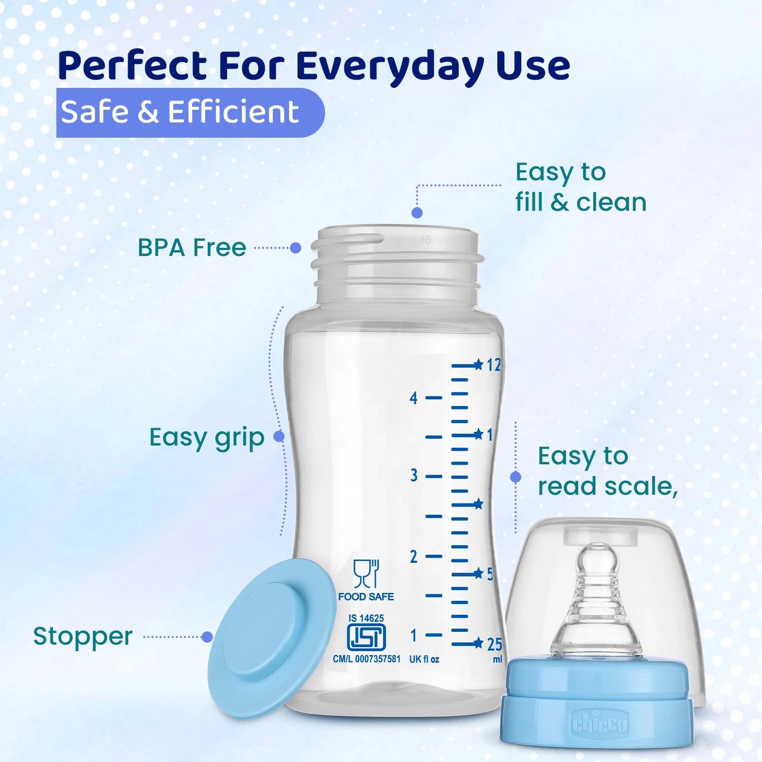 chicco Feed Easy Baby Bottle 125ml Slow Flow 0M+ Blue