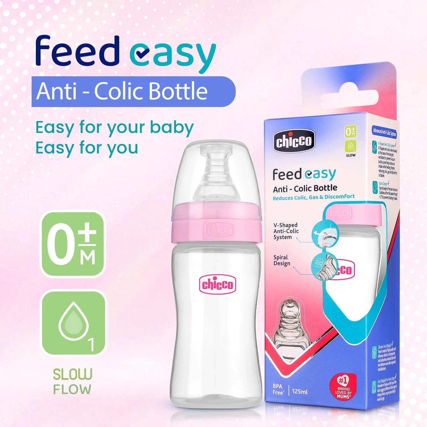chicco Feed Easy Baby Bottle 125ml Slow Flow 0M+ Pink