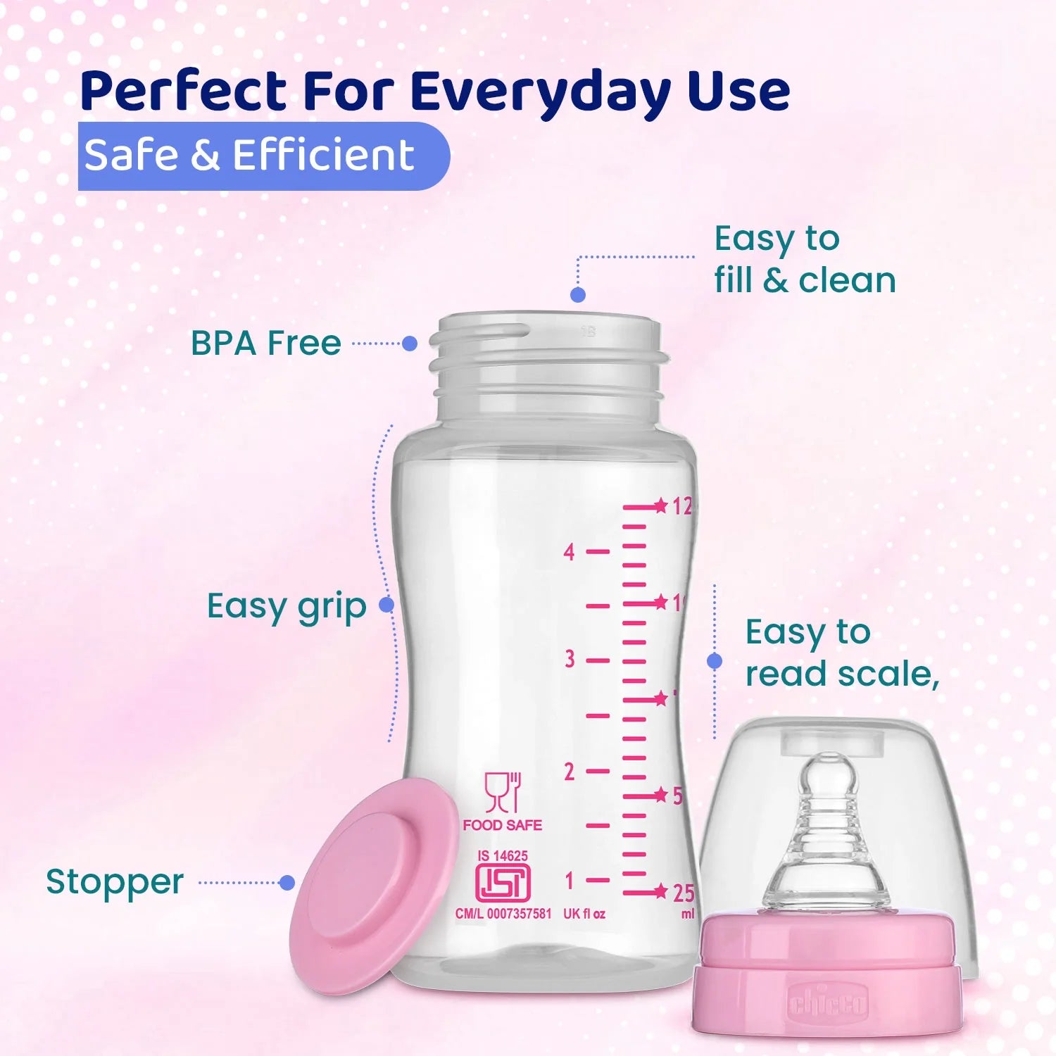 chicco Feed Easy Baby Bottle 125ml Slow Flow 0M+ Pink