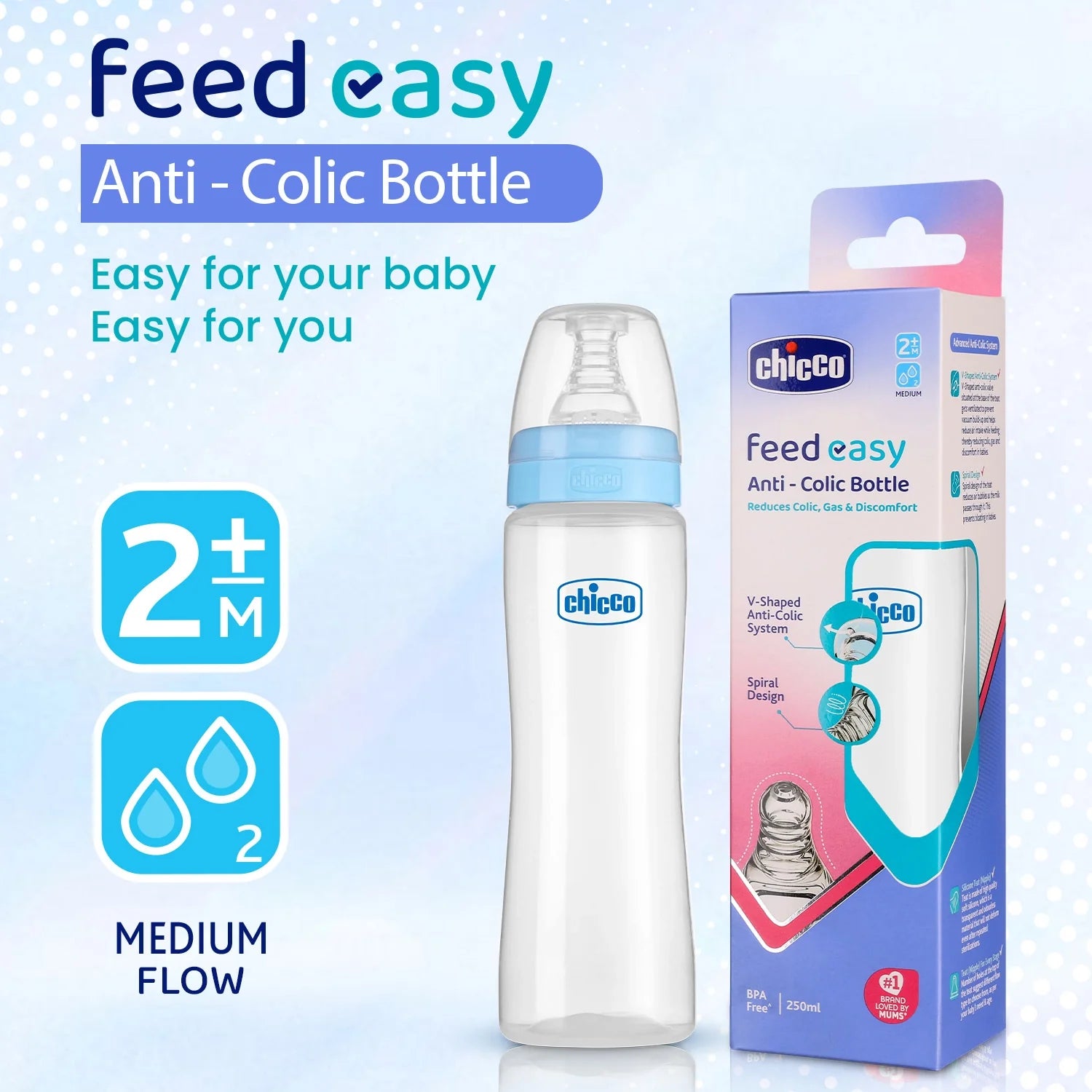 chicco Feed Easy Baby Bottle 250ml Blue Medium 2M+