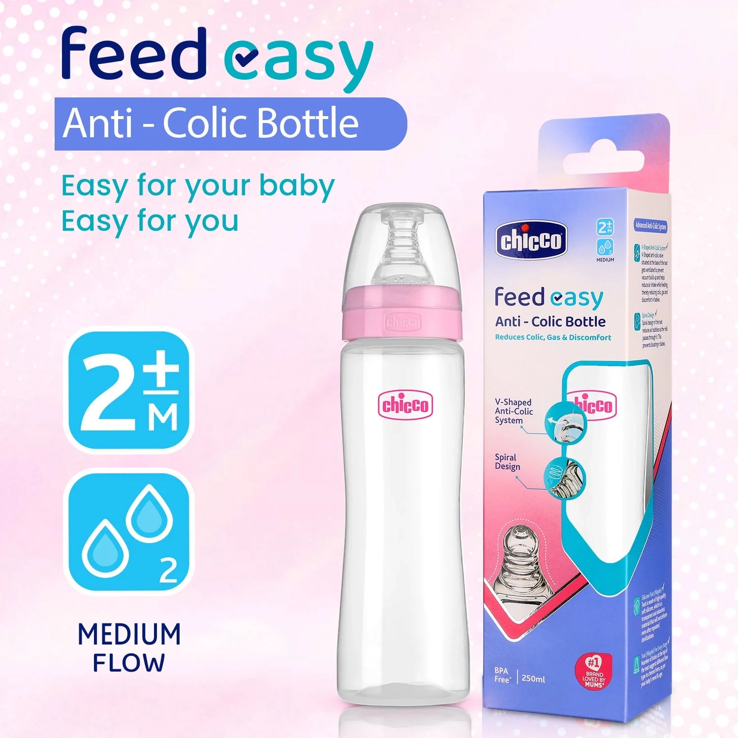 chicco Feed Easy Baby Bottle 250ml Pink Medium 2M+