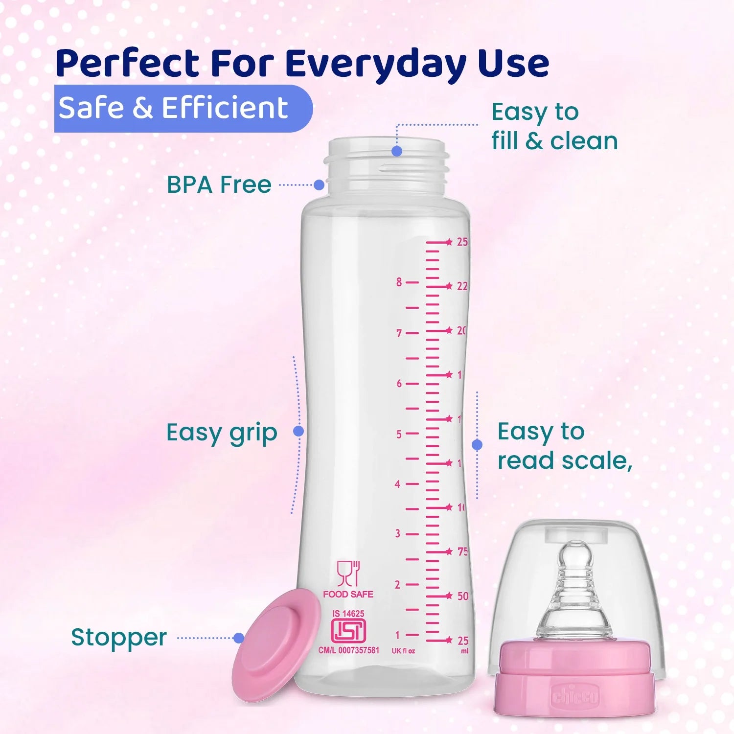 chicco Feed Easy Baby Bottle 250ml Pink Medium 2M+