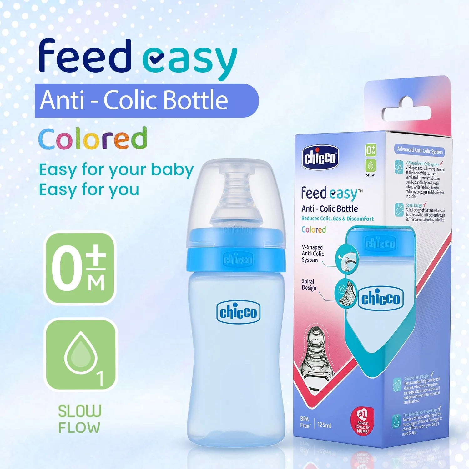 chicco Feed Easy Baby Colored Bottle 125 ml Slow Flow 0M+ Blue