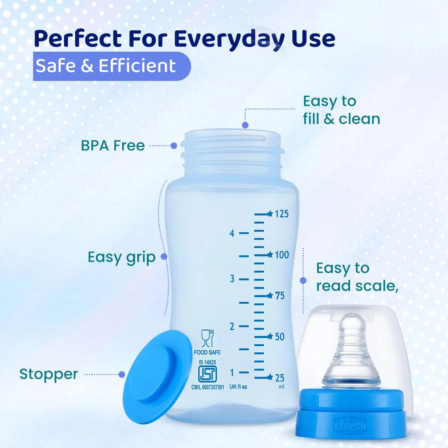 chicco Feed Easy Baby Colored Bottle 125 ml Slow Flow 0M+ Blue