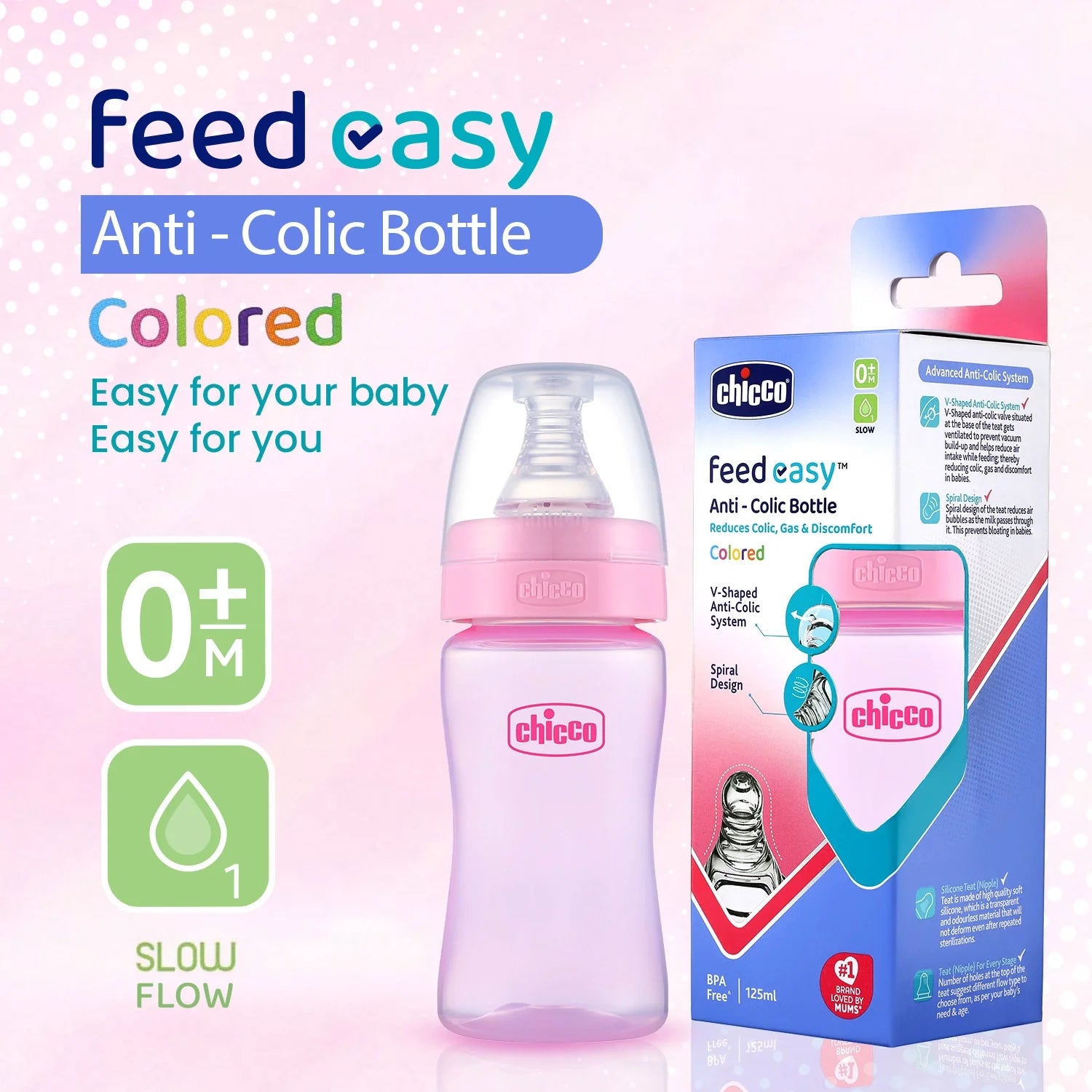 chicco Feed Easy Baby Colored Bottle 125 ml Slow Flow 0M+ Pink