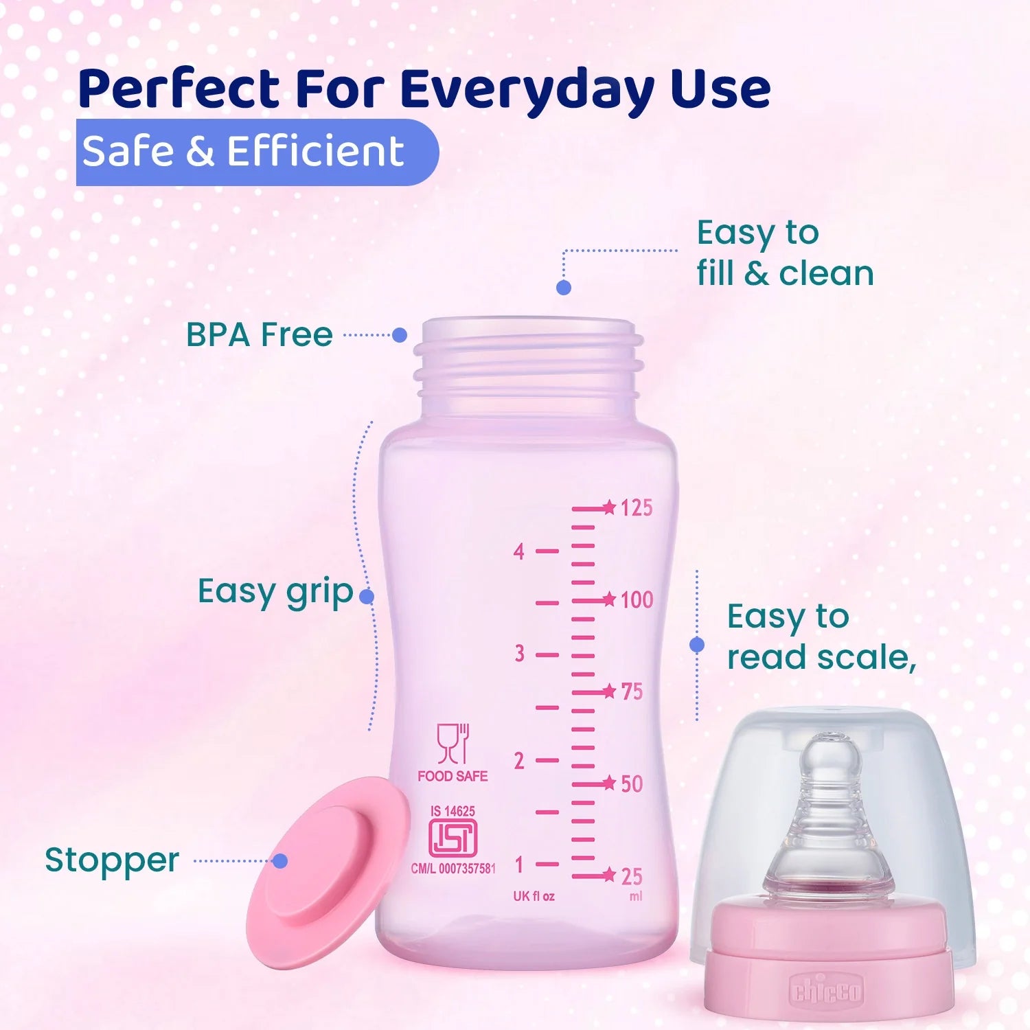 chicco Feed Easy Baby Colored Bottle 125 ml Slow Flow 0M+ Pink