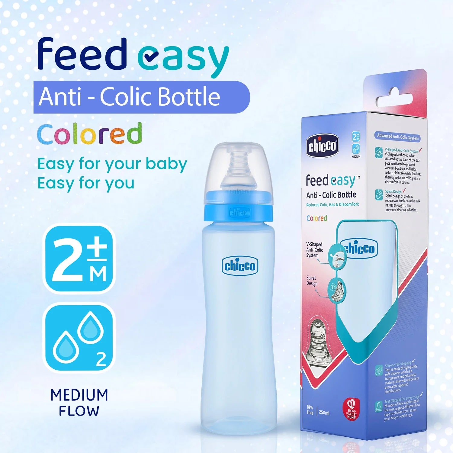 chicco Feed Easy Baby Colored Bottle 250 ml Medium Flow 2M+ Blue