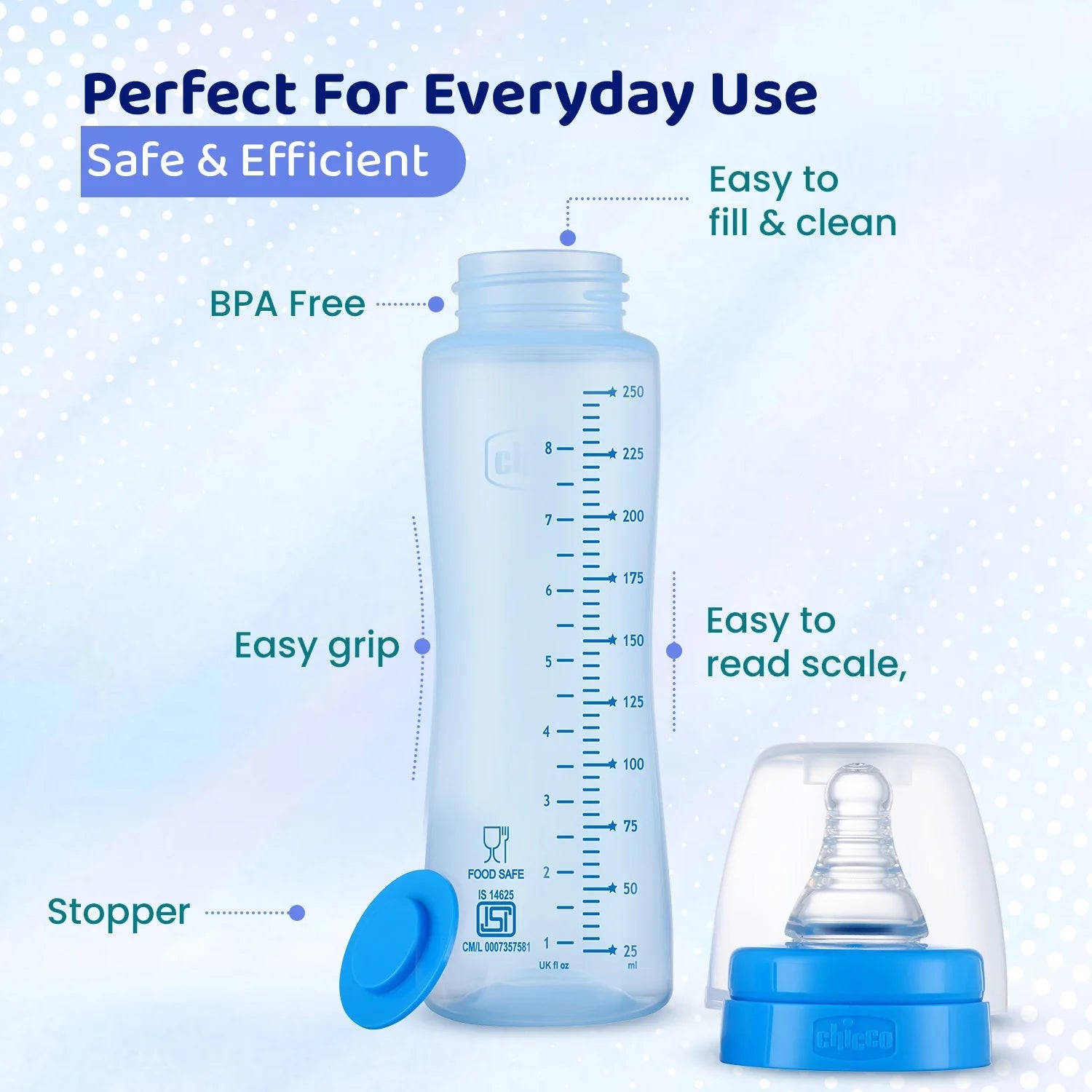 chicco Feed Easy Baby Colored Bottle 250 ml Medium Flow 2M+ Blue