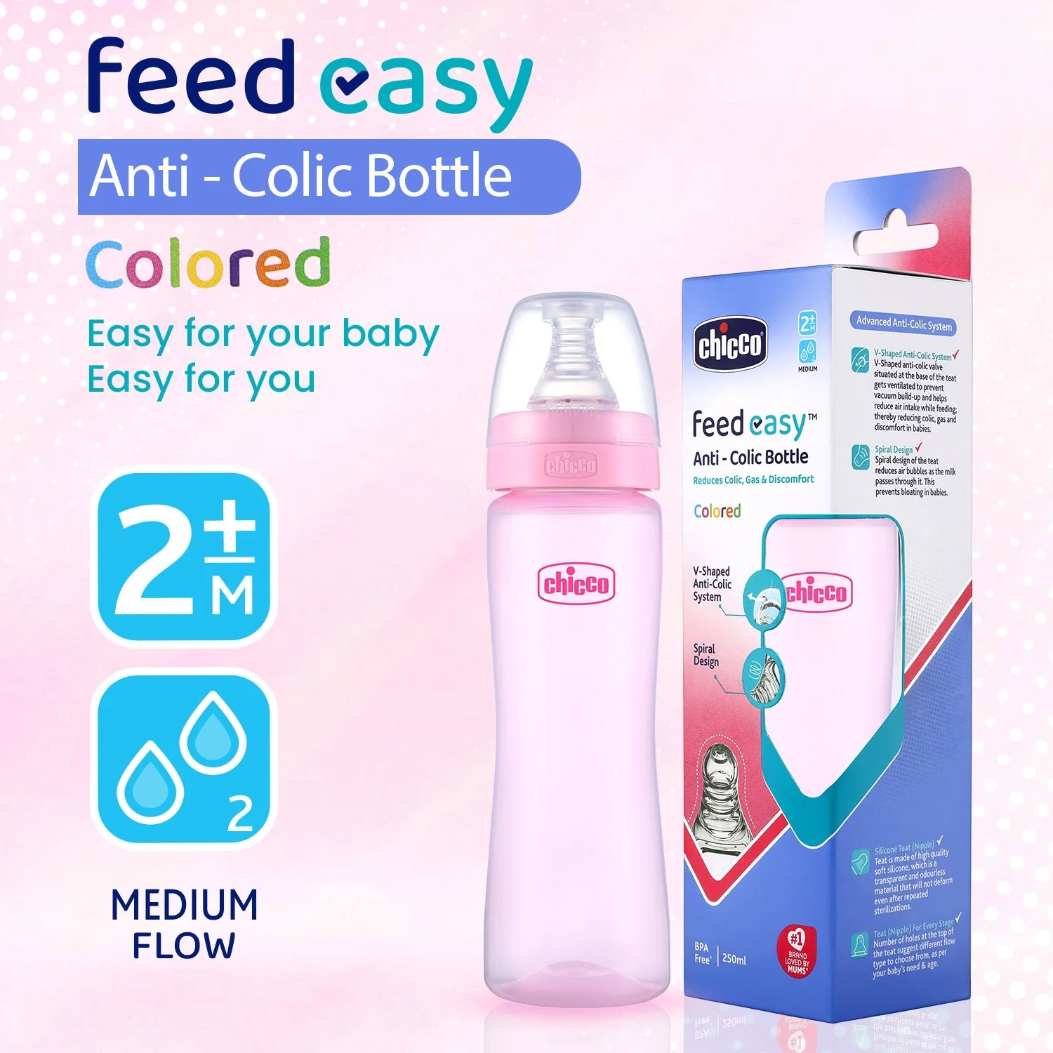 chicco Feed Easy Baby Colored Bottle 250 ml Medium Flow 2M+Pink
