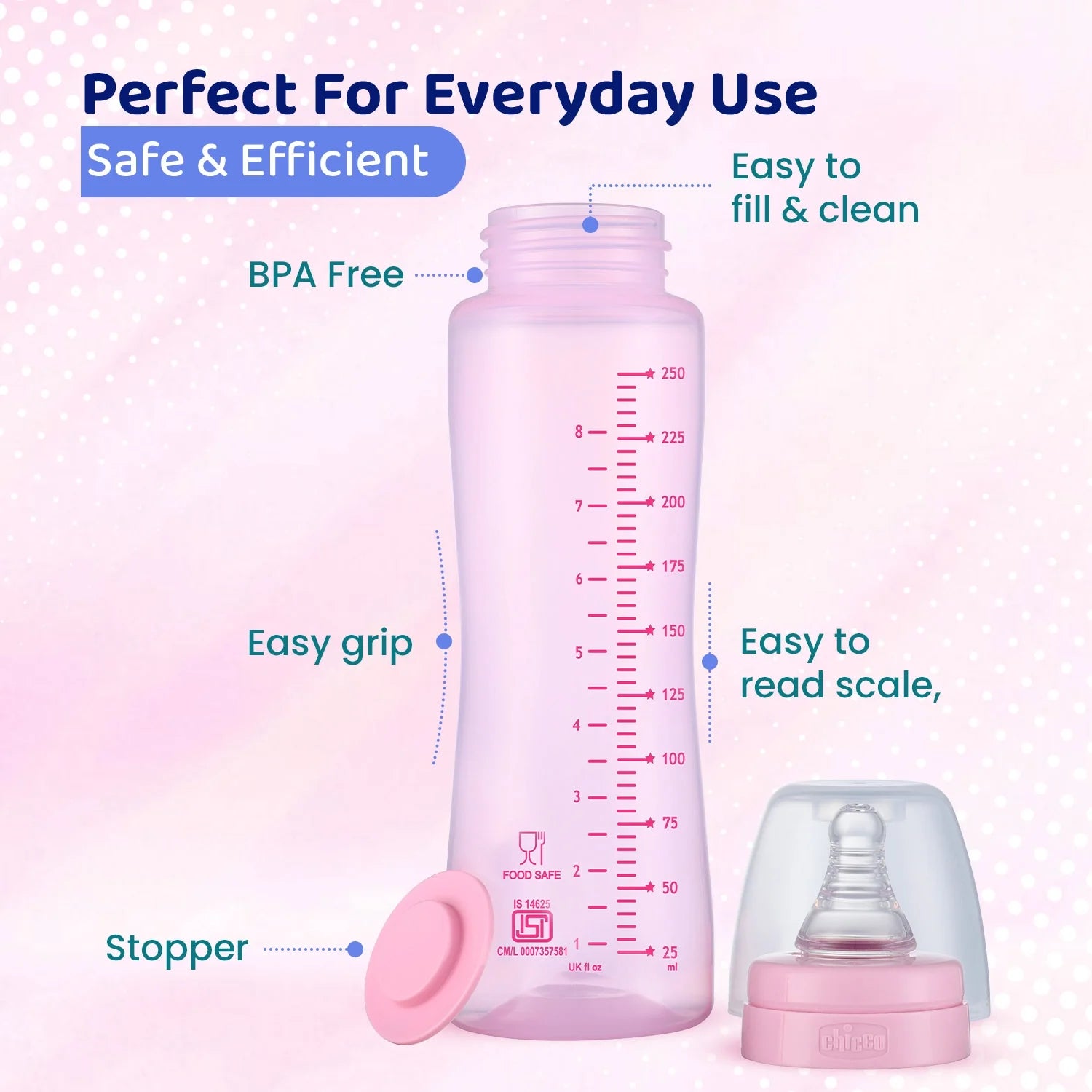 chicco Feed Easy Baby Colored Bottle 250 ml Medium Flow 2M+Pink