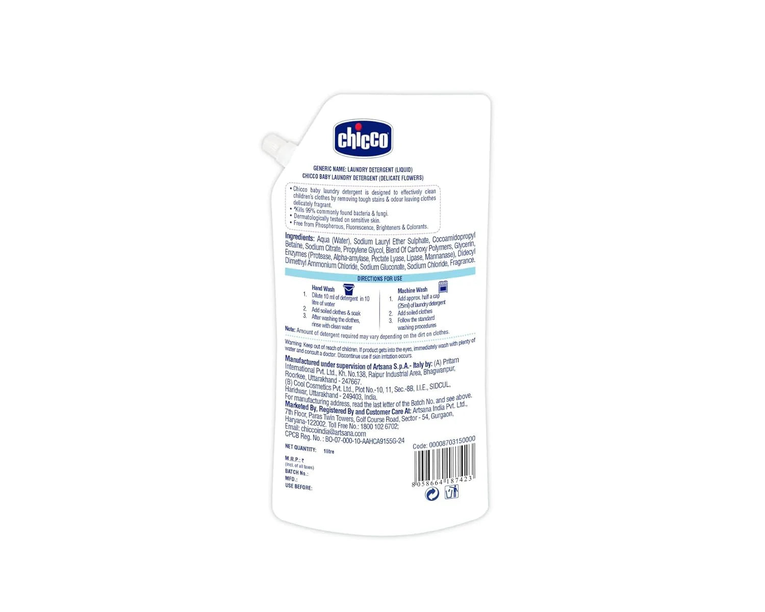chicco Laundry Detergent Delicate Flowers 1000ml Refil Pack