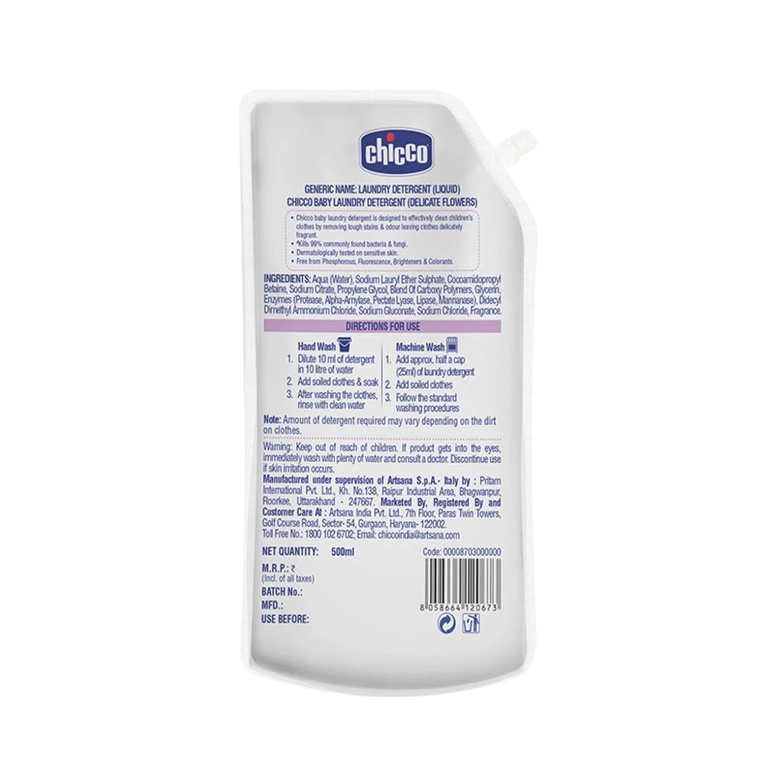 chicco Laundry Detergent Delicate Flowers 500ml Refil Pack