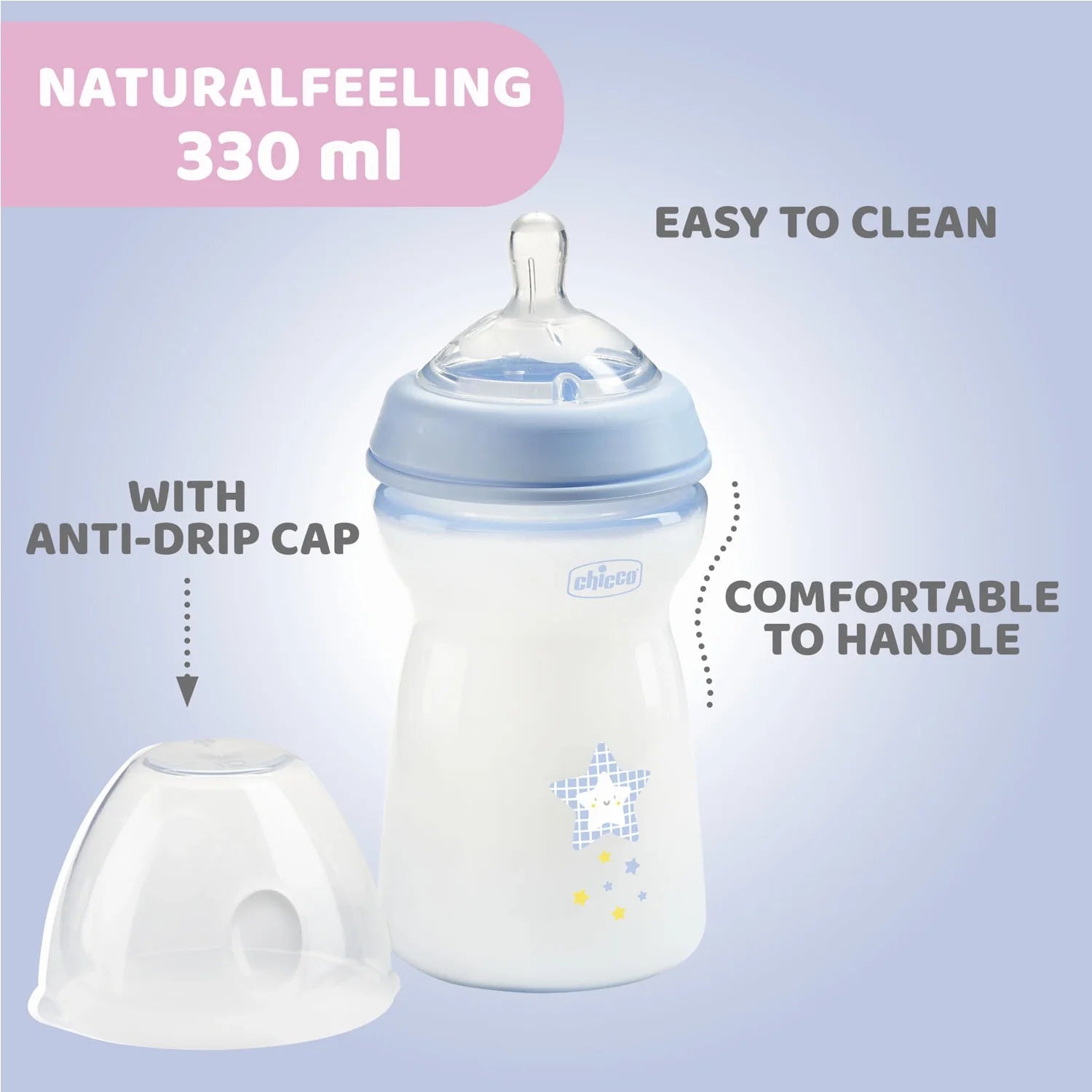 chicco Natural Feeling Fast Flow Baby Bottle  6M+ 330ML Blue