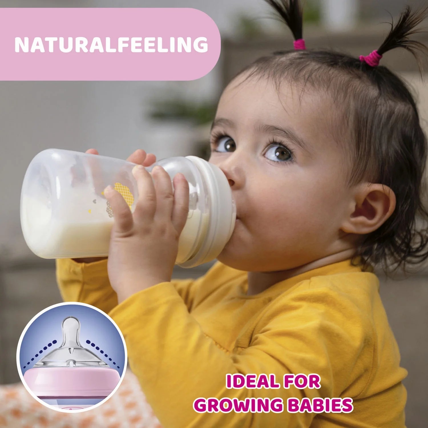 chicco Natural Feeling Fast Flow Baby Bottle  6M+ 330ML Pink