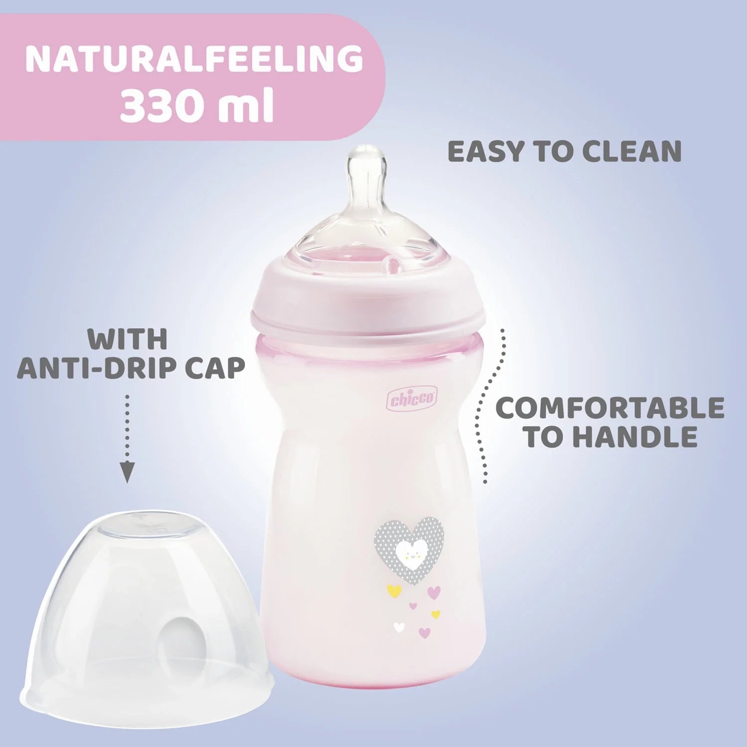 chicco Natural Feeling Fast Flow Baby Bottle  6M+ 330ML Pink