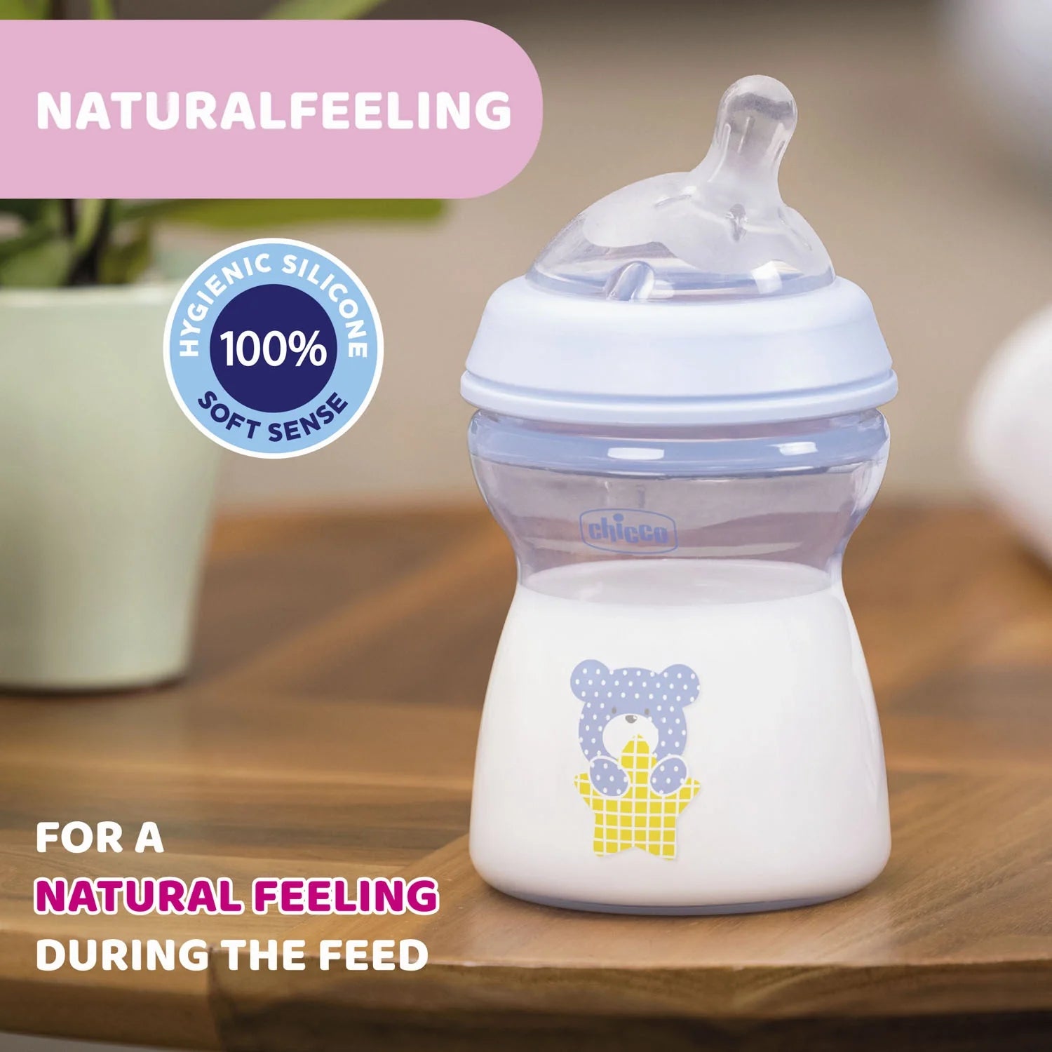 chicco Natural Feeling Medium Flow Baby Bottle 2M+ 250ML Blue