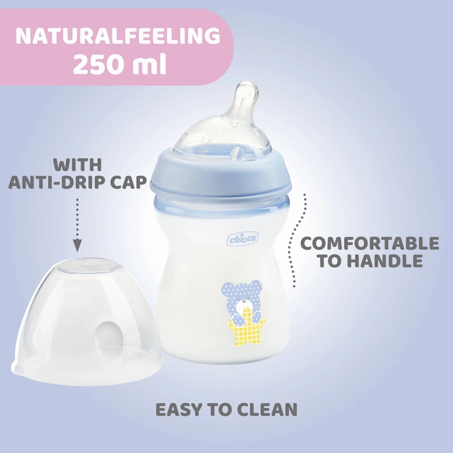 chicco Natural Feeling Medium Flow Baby Bottle 2M+ 250ML Blue