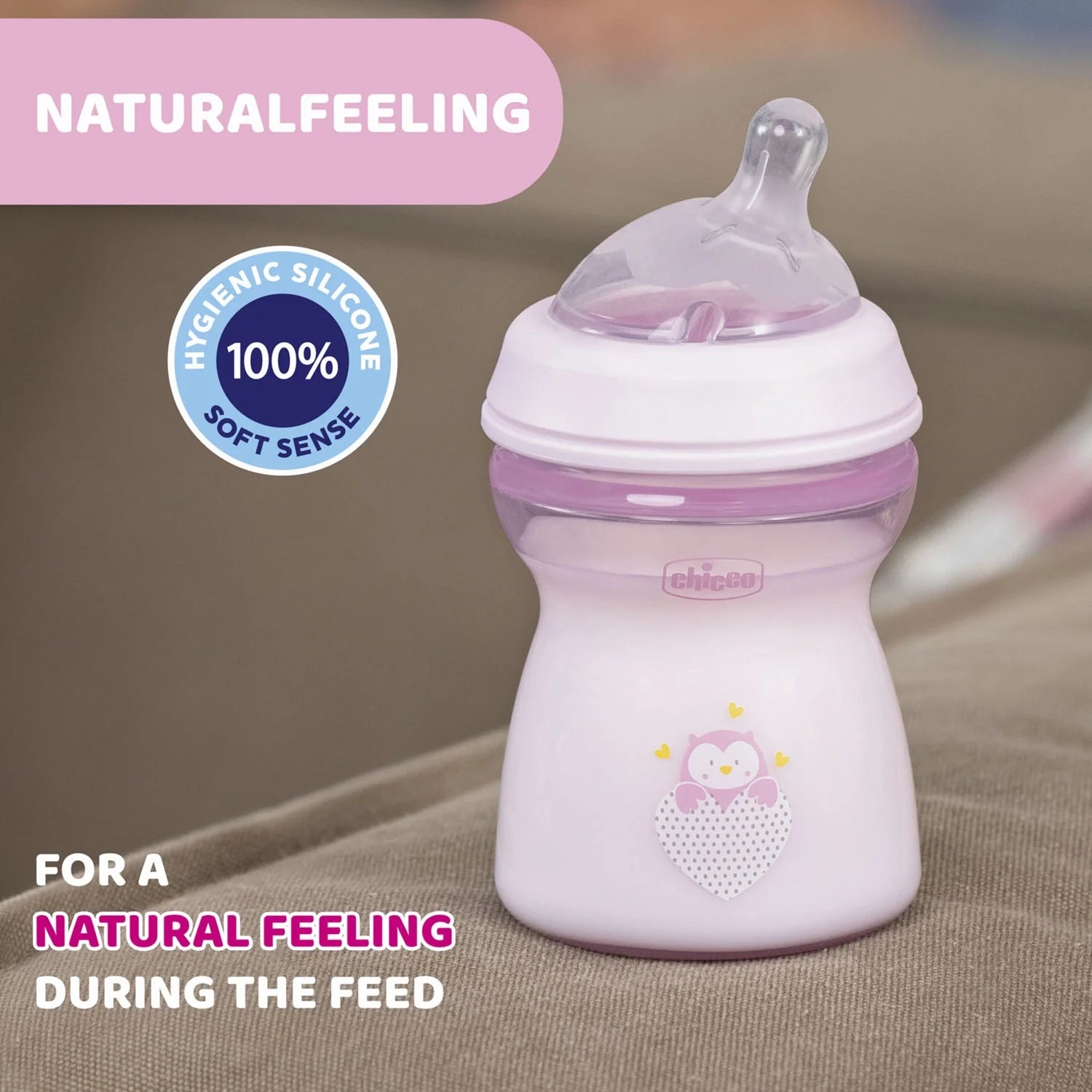 chicco Natural Feeling Medium Flow Baby Bottle 2M+ 250ML Pink