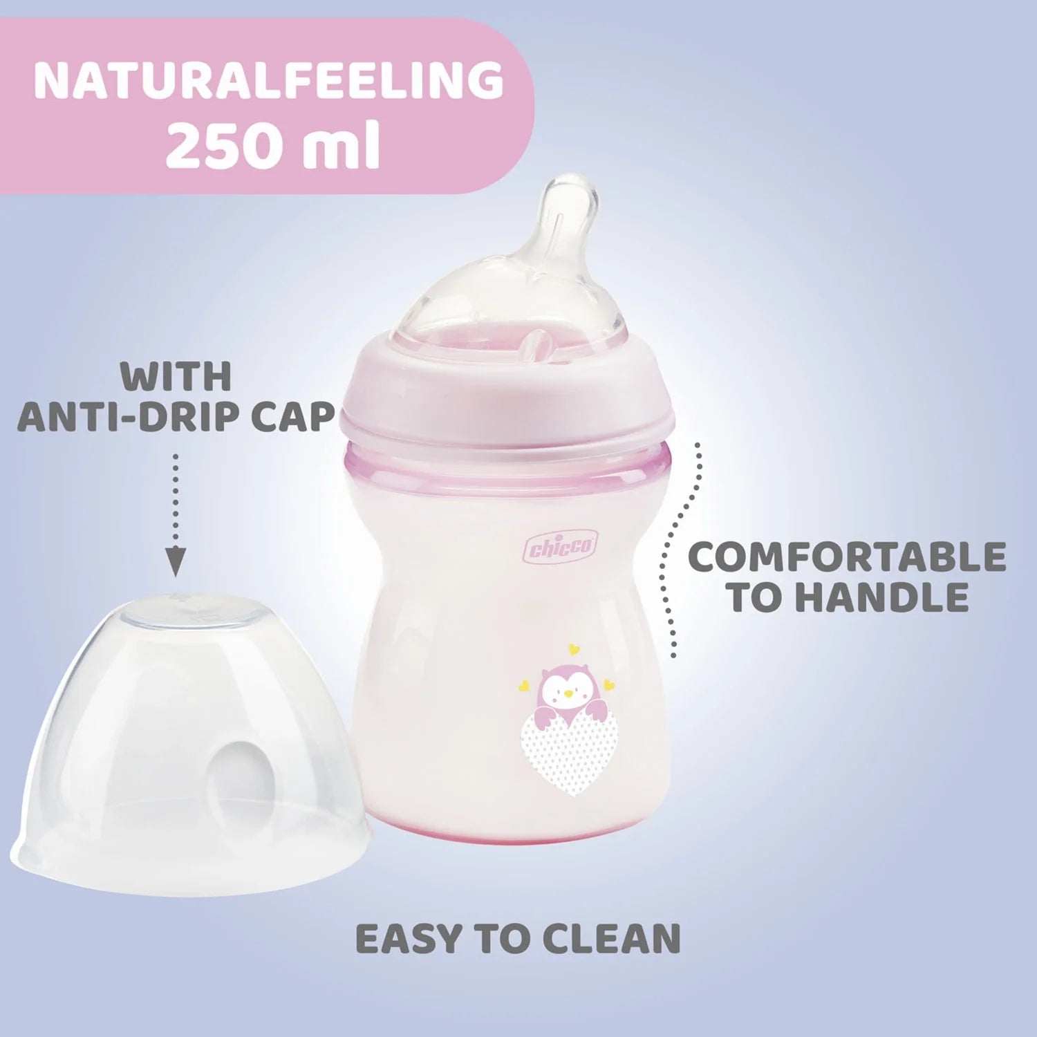 chicco Natural Feeling Medium Flow Baby Bottle 2M+ 250ML Pink