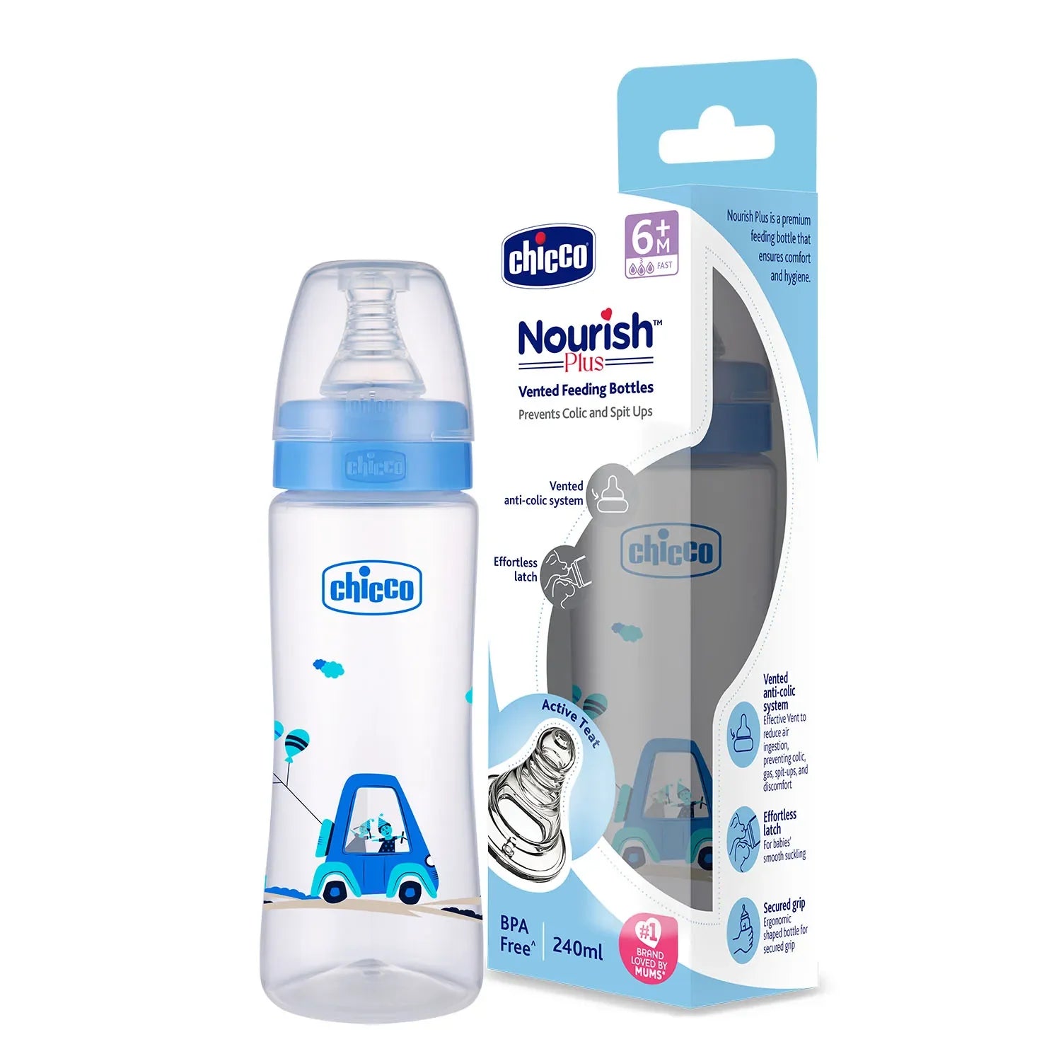 chicco Nourish Plus Fast Flow Baby Bottle 240ml 6M+ Blue