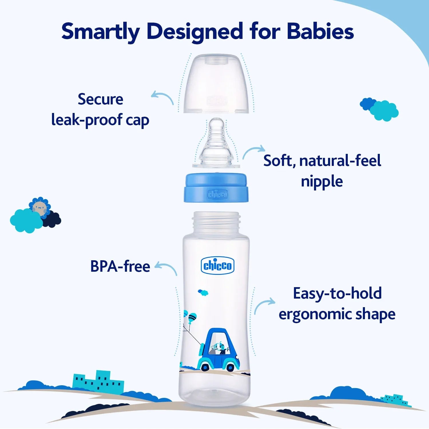 chicco Nourish Plus Fast Flow Baby Bottle 240ml 6M+ Blue