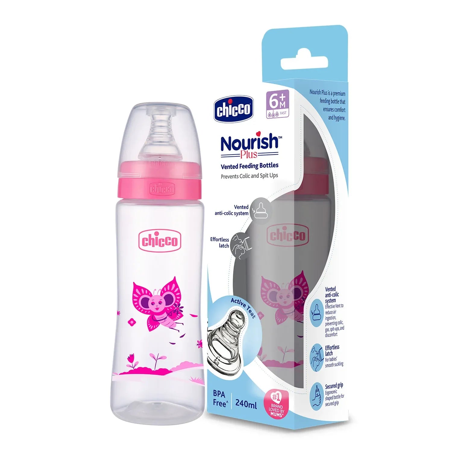 chicco Nourish Plus Fast Flow Baby Bottle 240ml 6M+ Pink