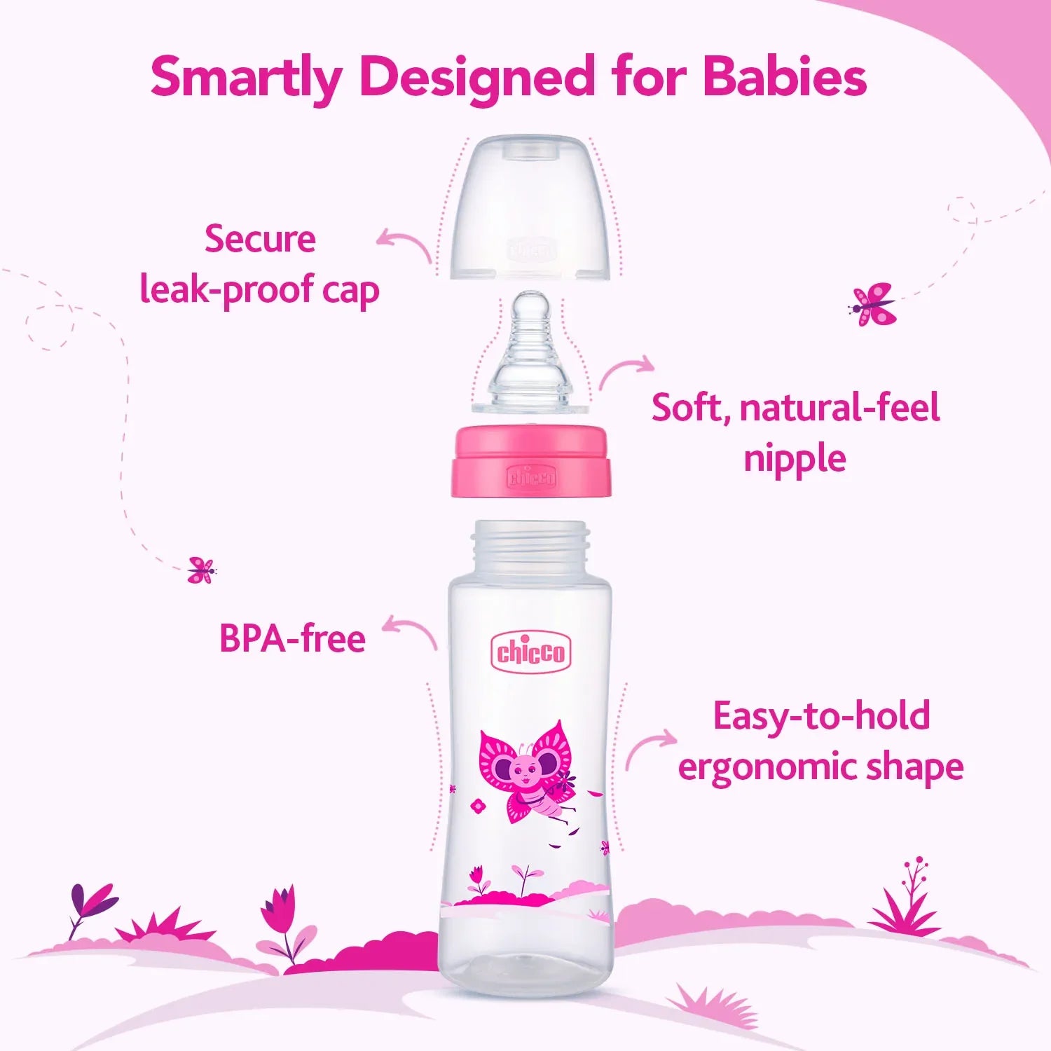 chicco Nourish Plus Fast Flow Baby Bottle 240ml 6M+ Pink