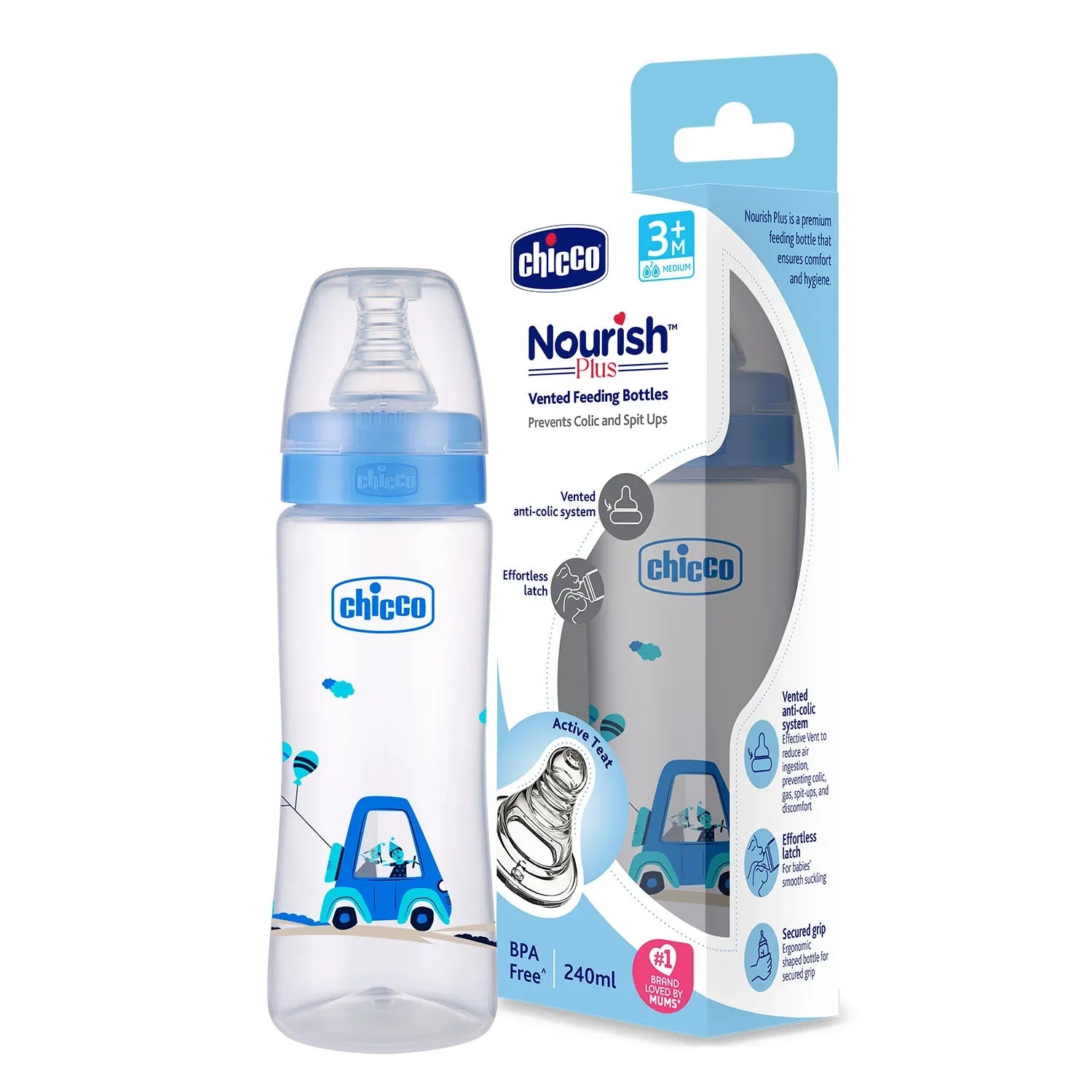 chicco Nourish Plus Medium Flow Baby Bottle 240ml 3M+ Blue