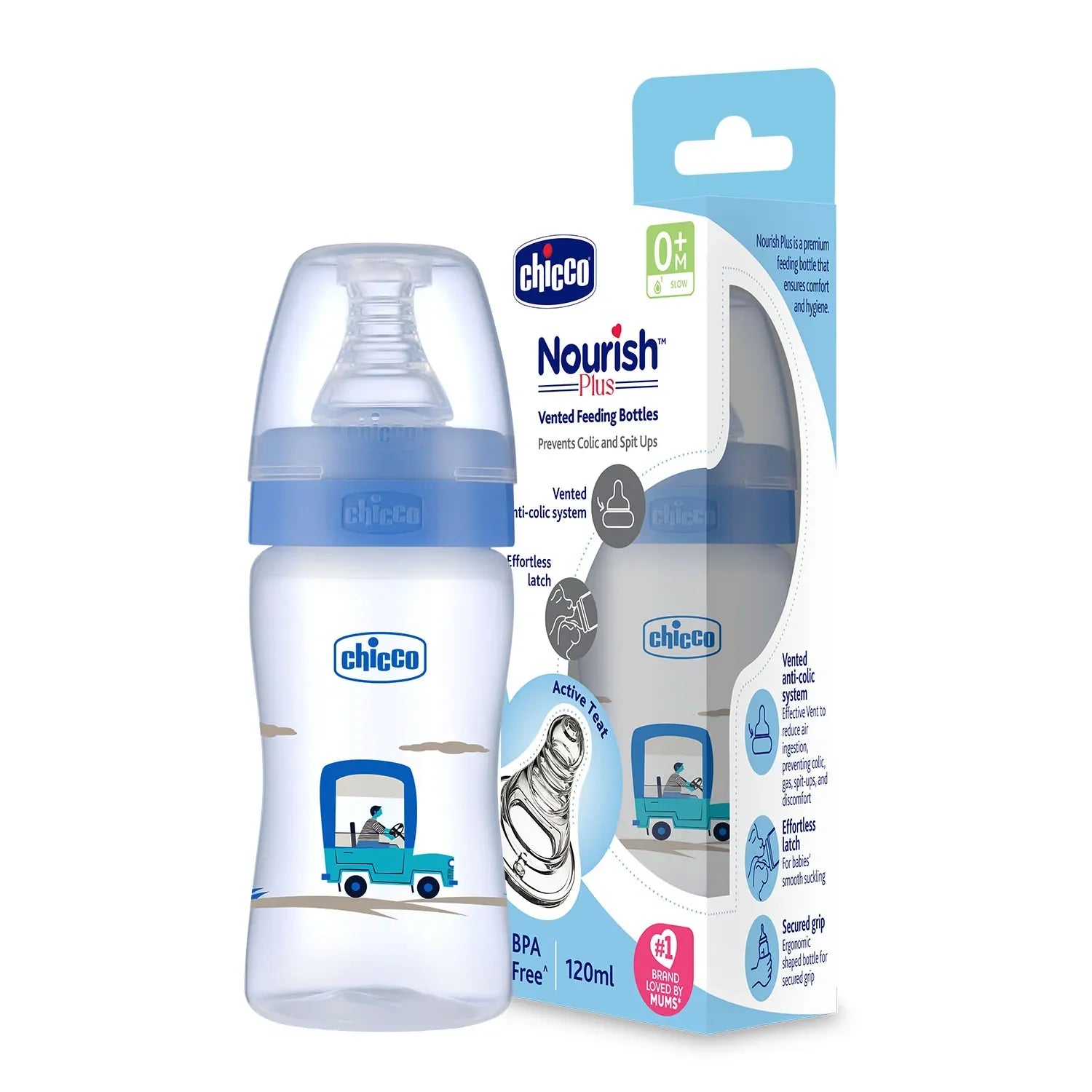 chicco Nourish Plus Slow Flow Baby Bottle 120ml 0M+ Blue