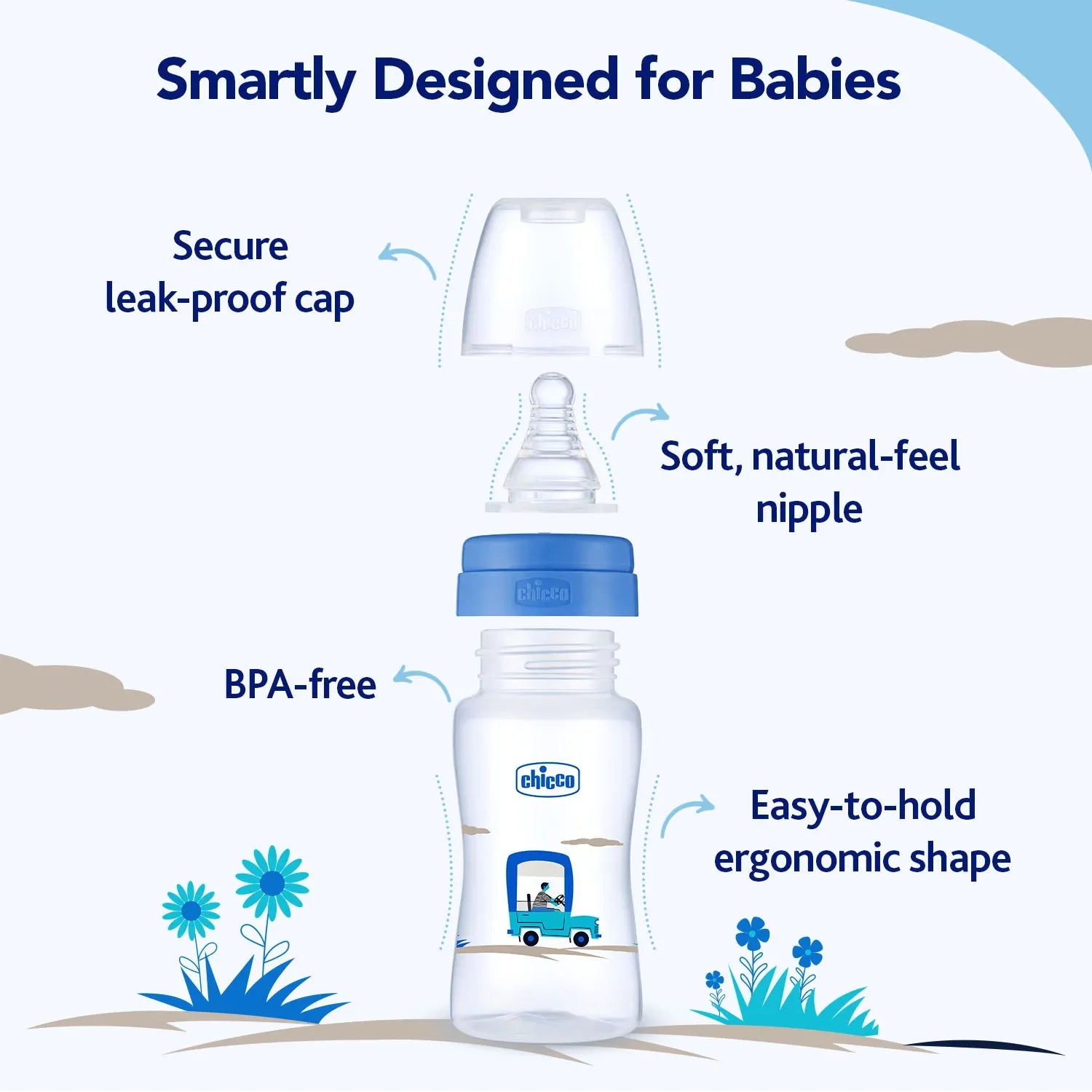 chicco Nourish Plus Slow Flow Baby Bottle 120ml 0M+ Blue
