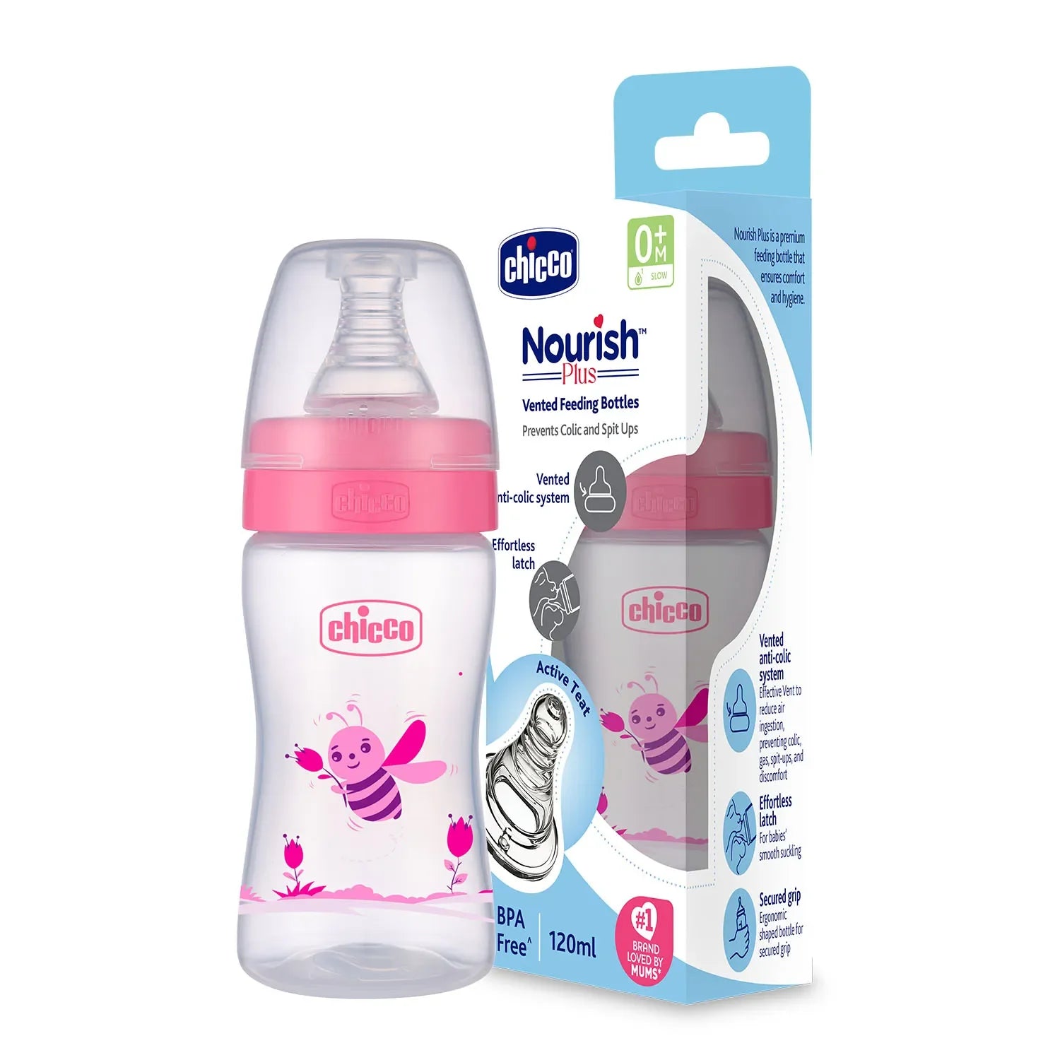 chicco Nourish Plus Slow Flow Baby Bottle 120ml 0M+ Pink