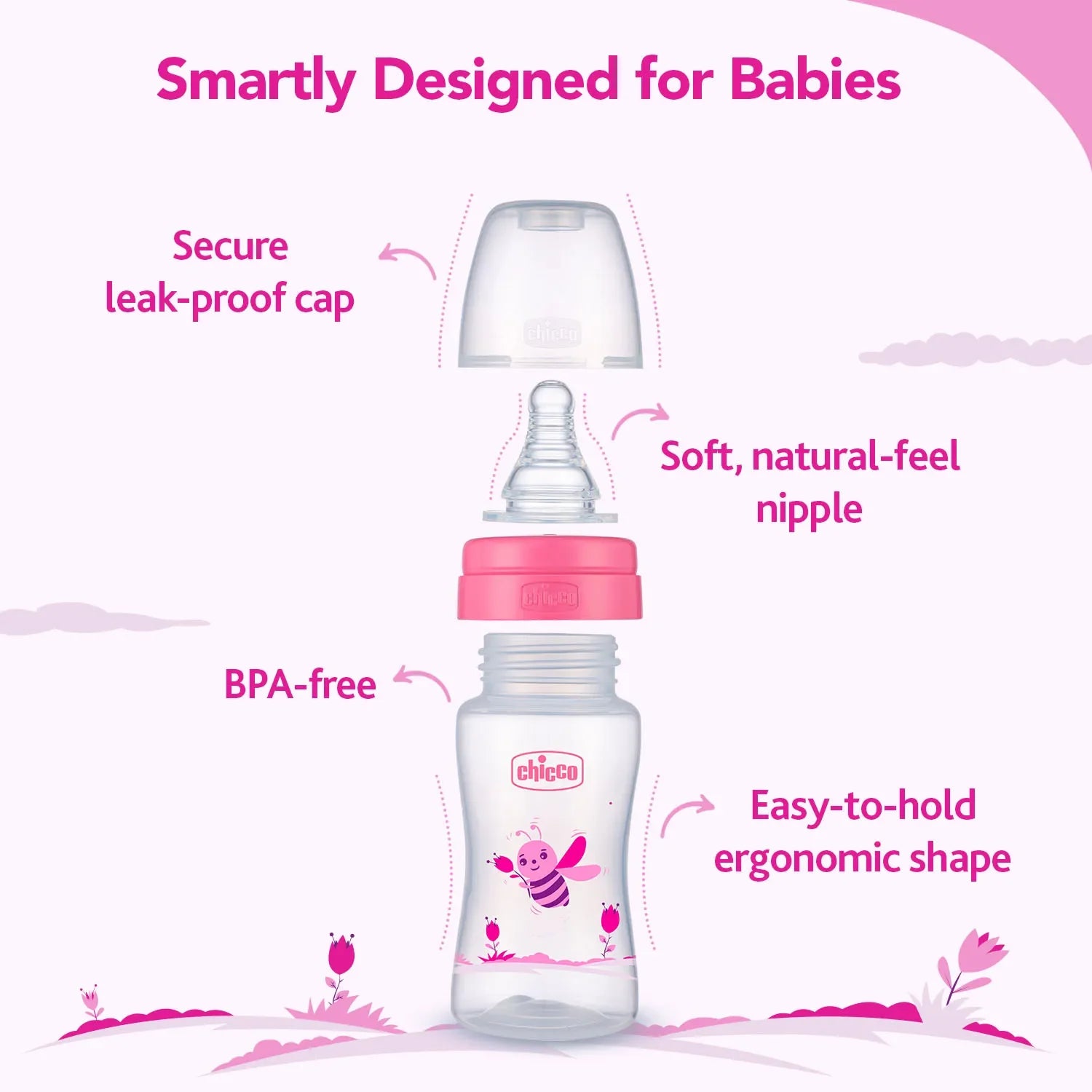 chicco Nourish Plus Slow Flow Baby Bottle 120ml 0M+ Pink