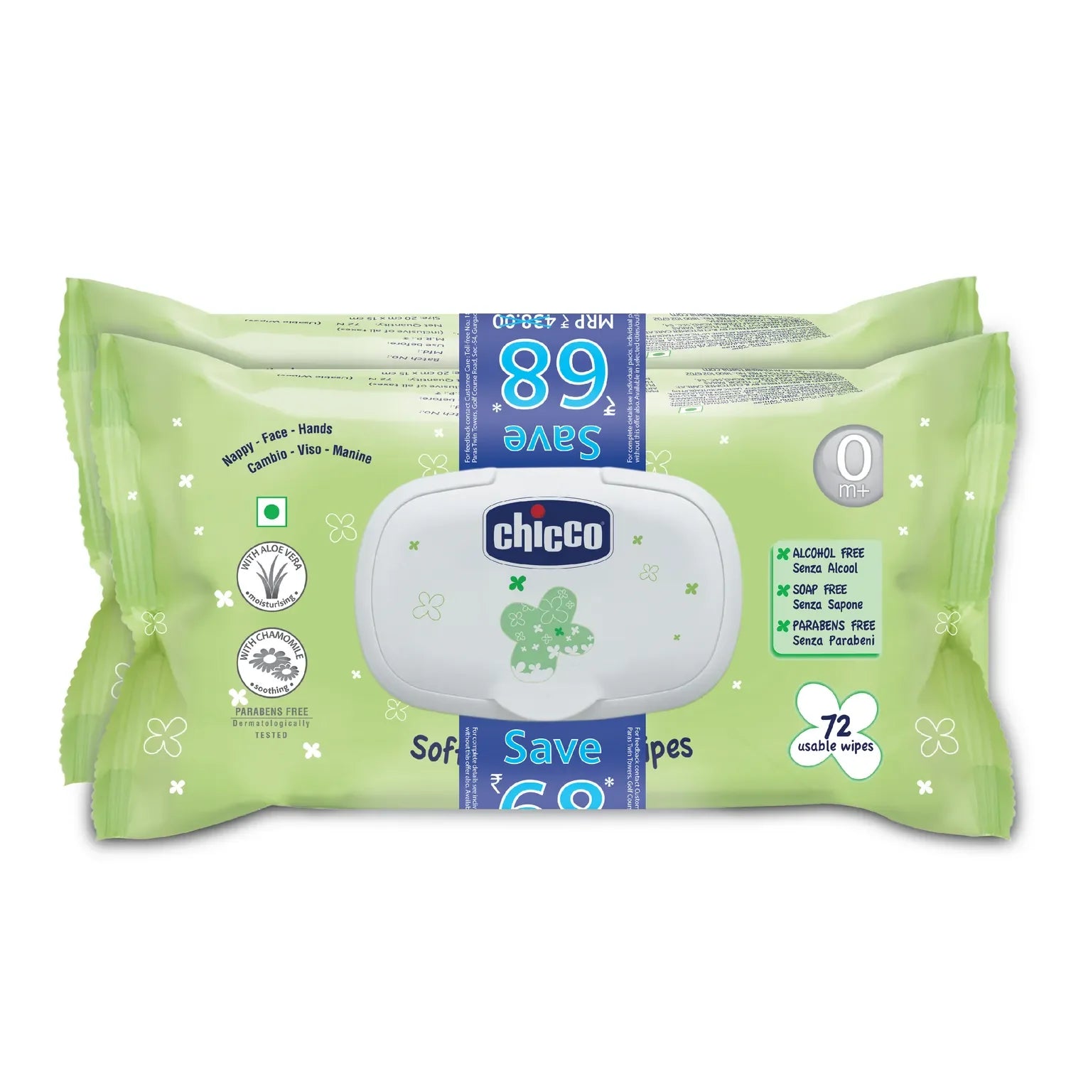 chicco Soft Cleansing Wipes Fliptop Pack of 2 144 Pcs