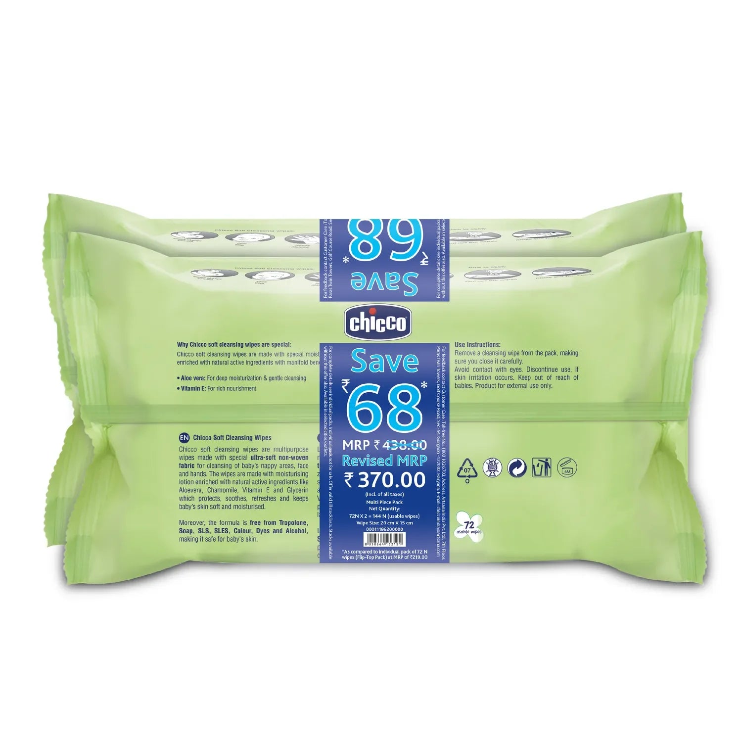 chicco Soft Cleansing Wipes Fliptop Pack of 2 144 Pcs