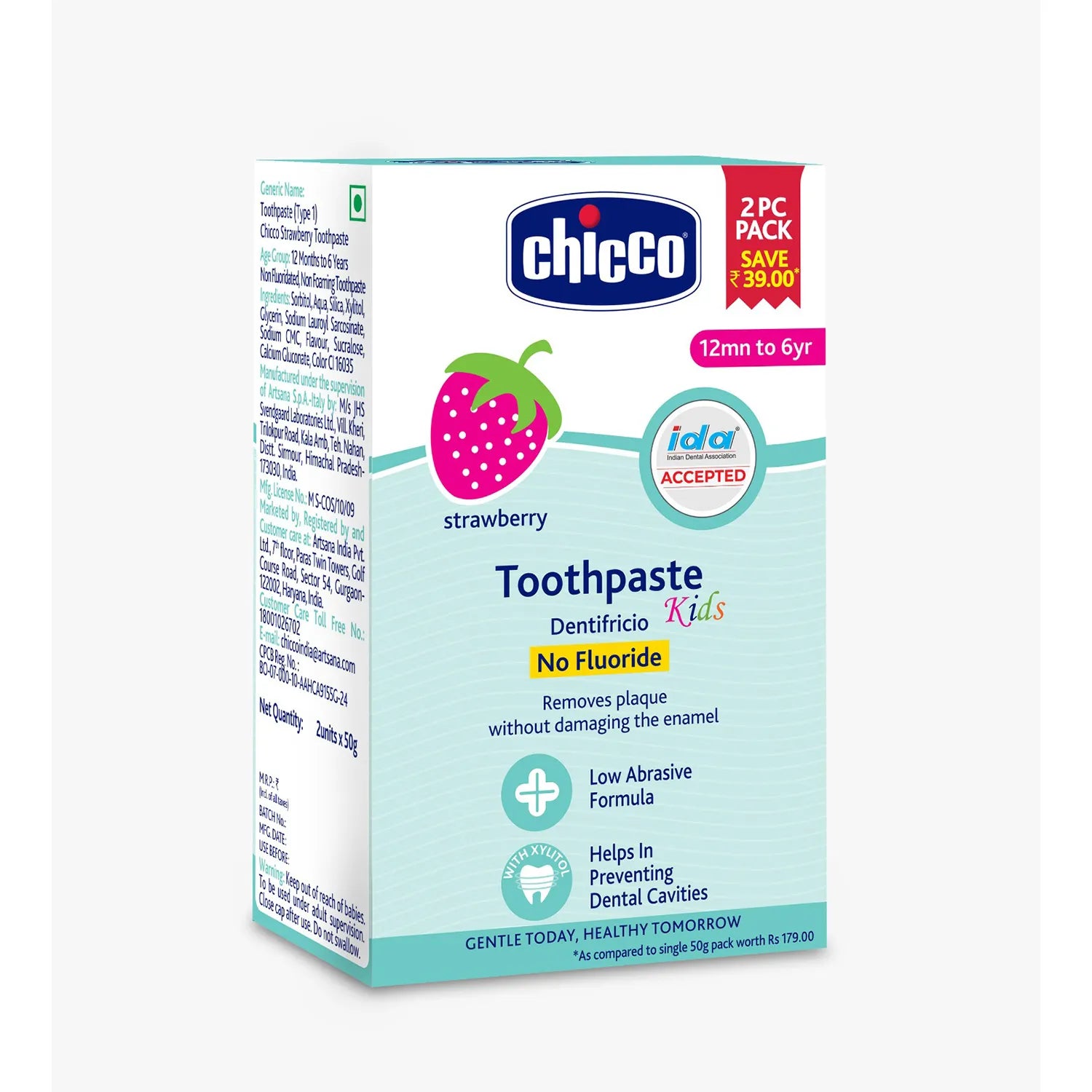 Chicco Strawberry Toothpaste 12M to 6Y 50 g Pack of 2