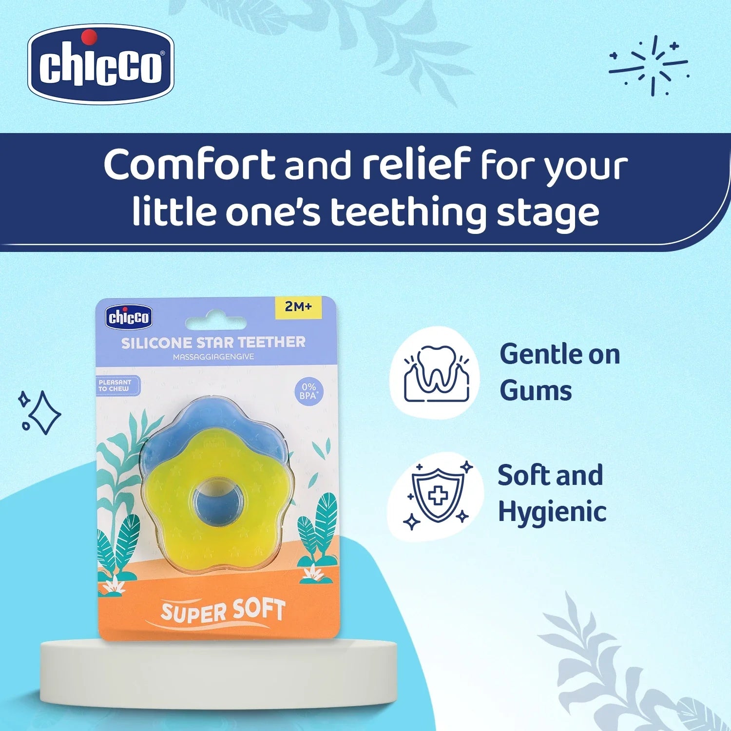 Chicco Teether Supersoft Star 2M+ 2Pc Blue & Yellow