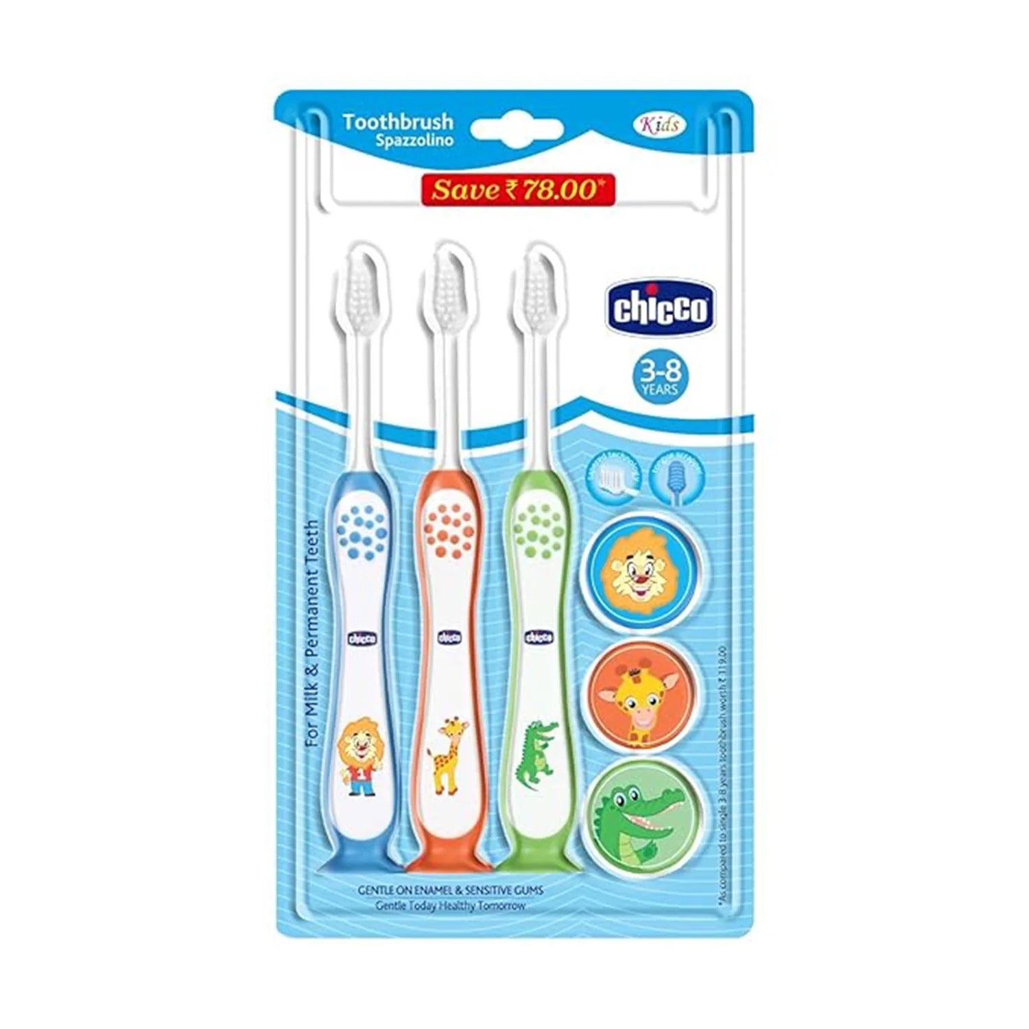Chicco Toothbrush Set 3Y to 8Y Blue Orange & Green Pack of 3
