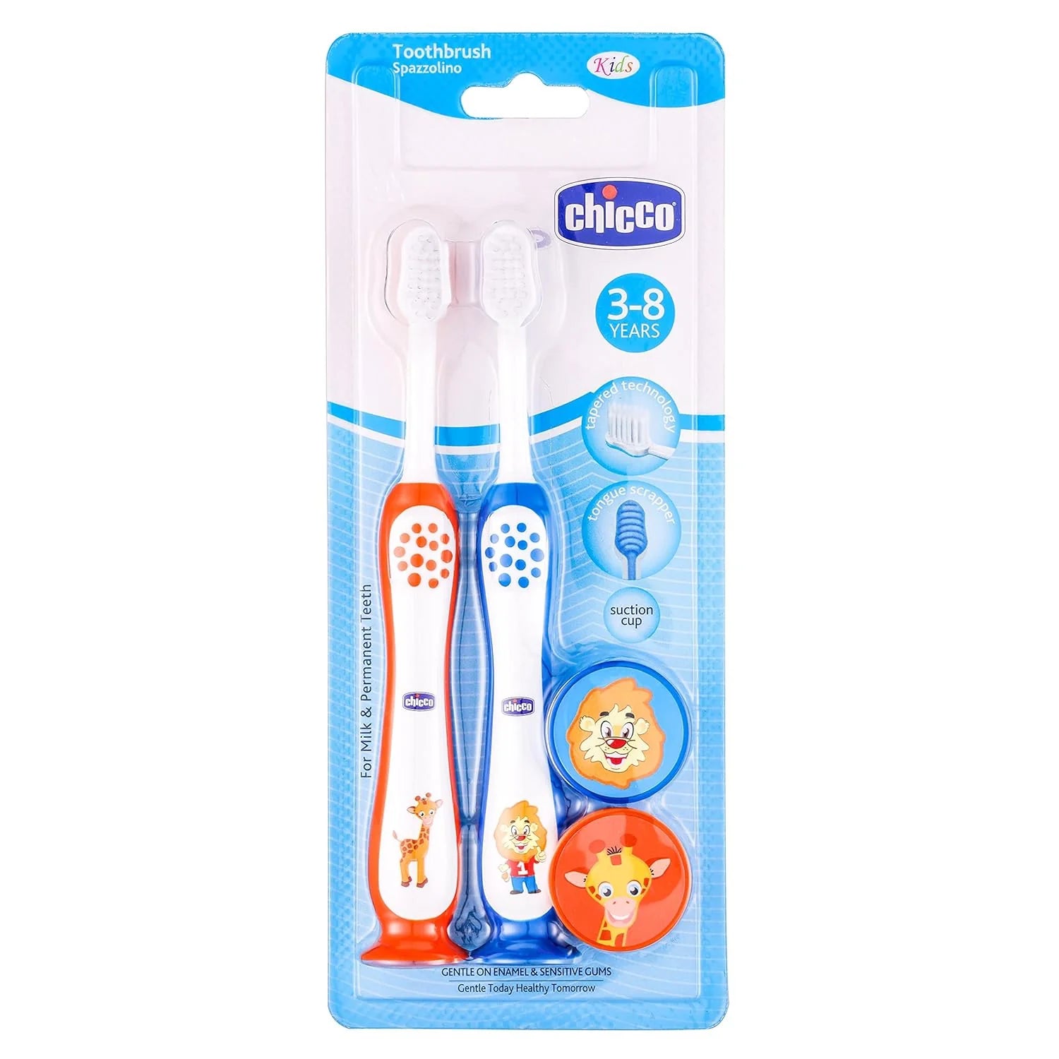 Chicco Toothbrush Set 3Y to 8Y Blue and Orange Pack of 2