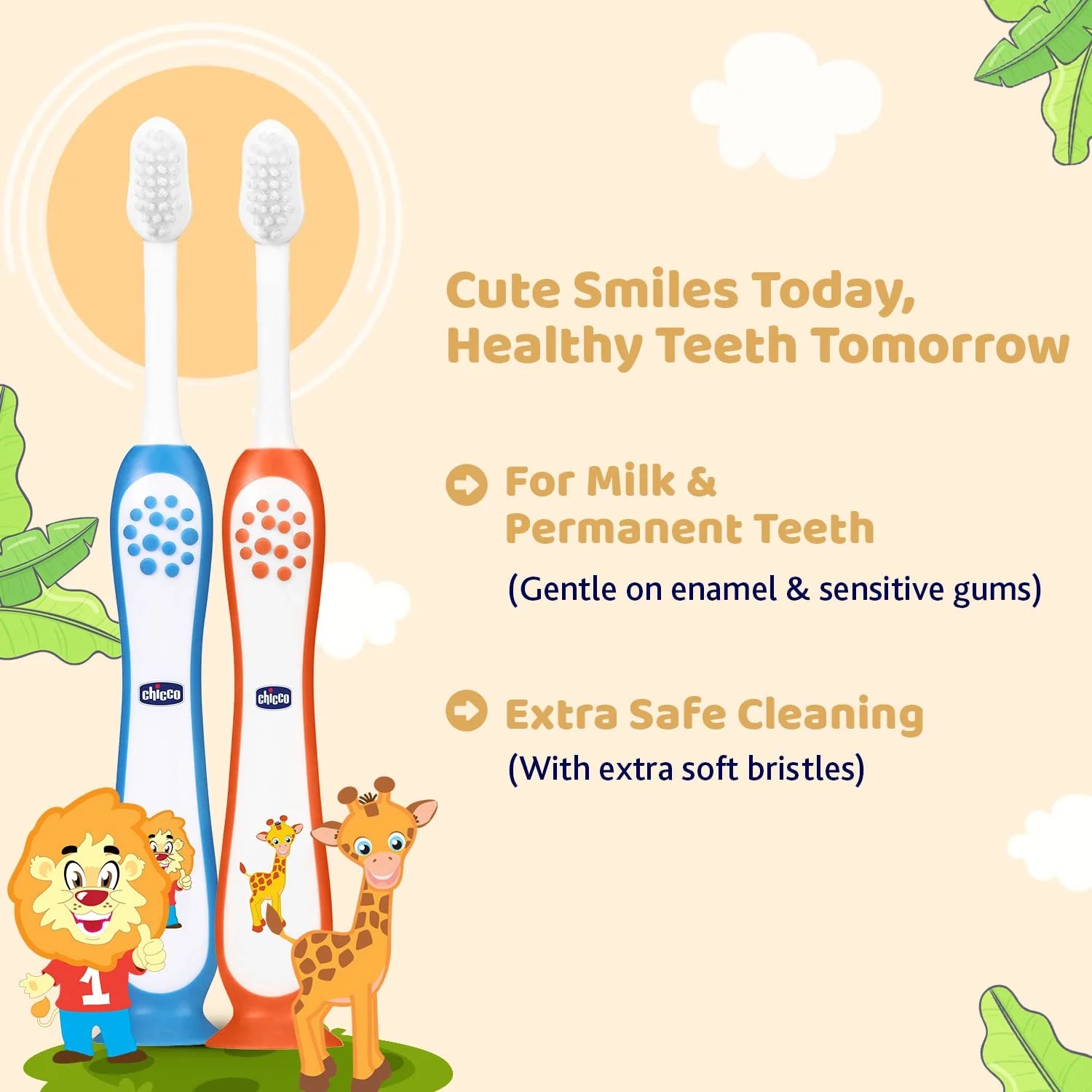 Chicco Toothbrush Set 3Y to 8Y Blue and Orange Pack of 2