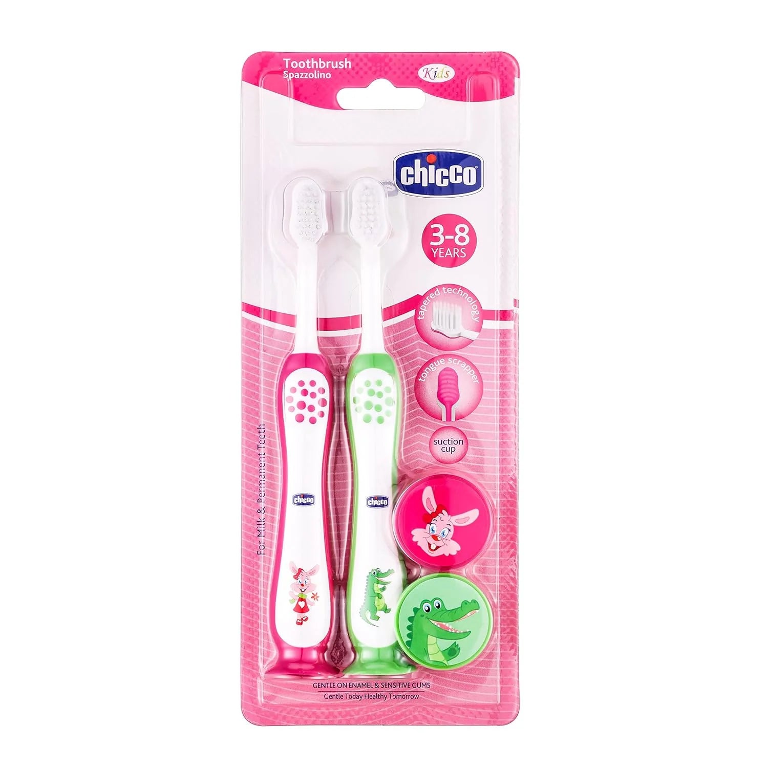 Chicco Toothbrush Set 3Y to 8Y Pink and Green Pack of 2