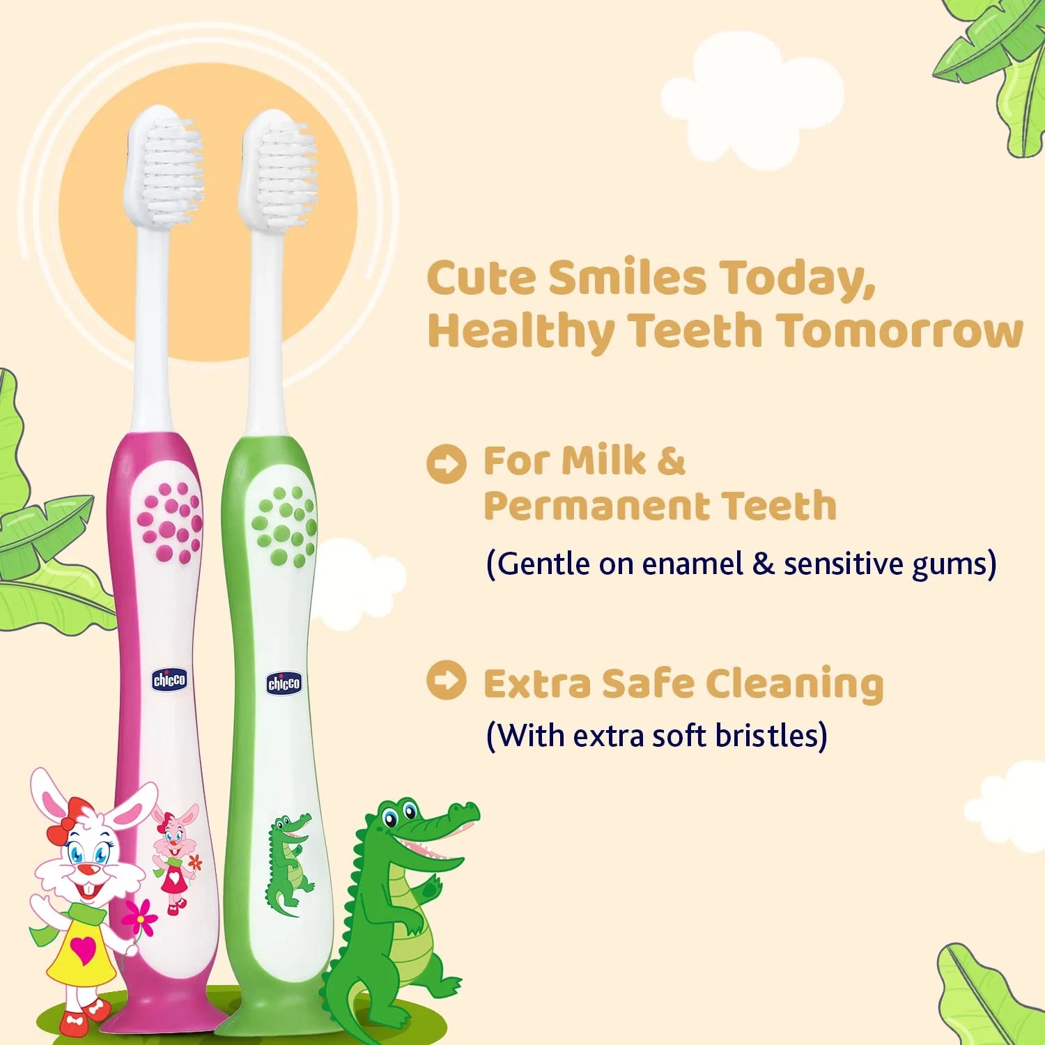 Chicco Toothbrush Set 3Y to 8Y Pink and Green Pack of 2