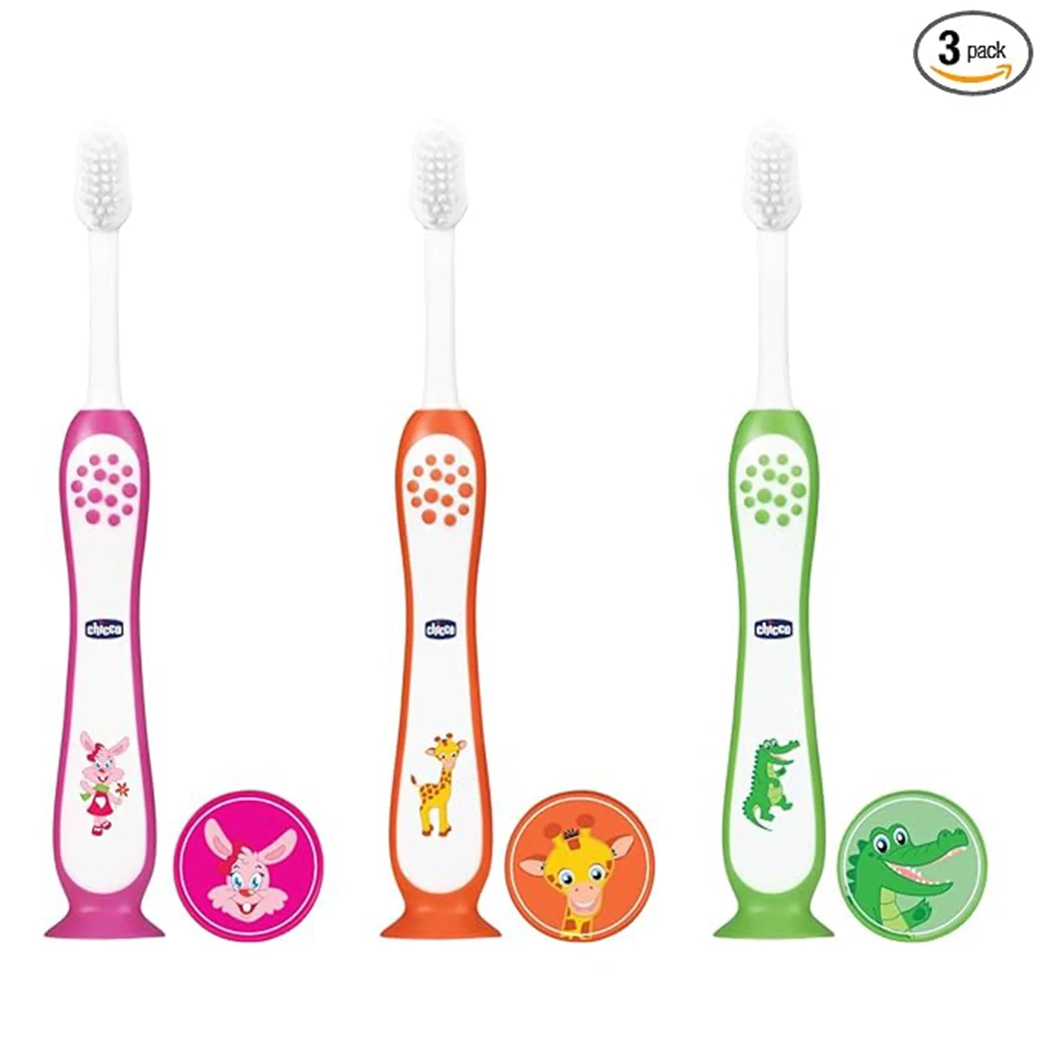 Chicco Toothbrush Set 3Y to 8Y Pink Orange & Green Pack of 3