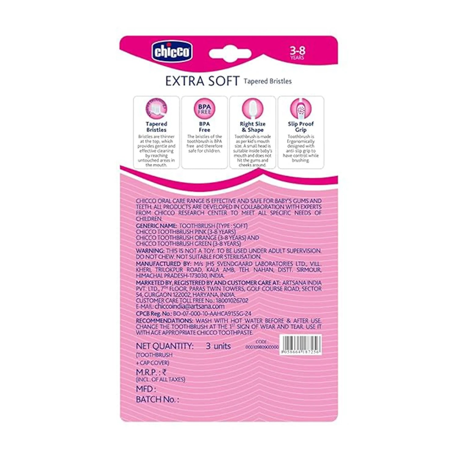 Chicco Toothbrush Set 3Y to 8Y Pink Orange & Green Pack of 3