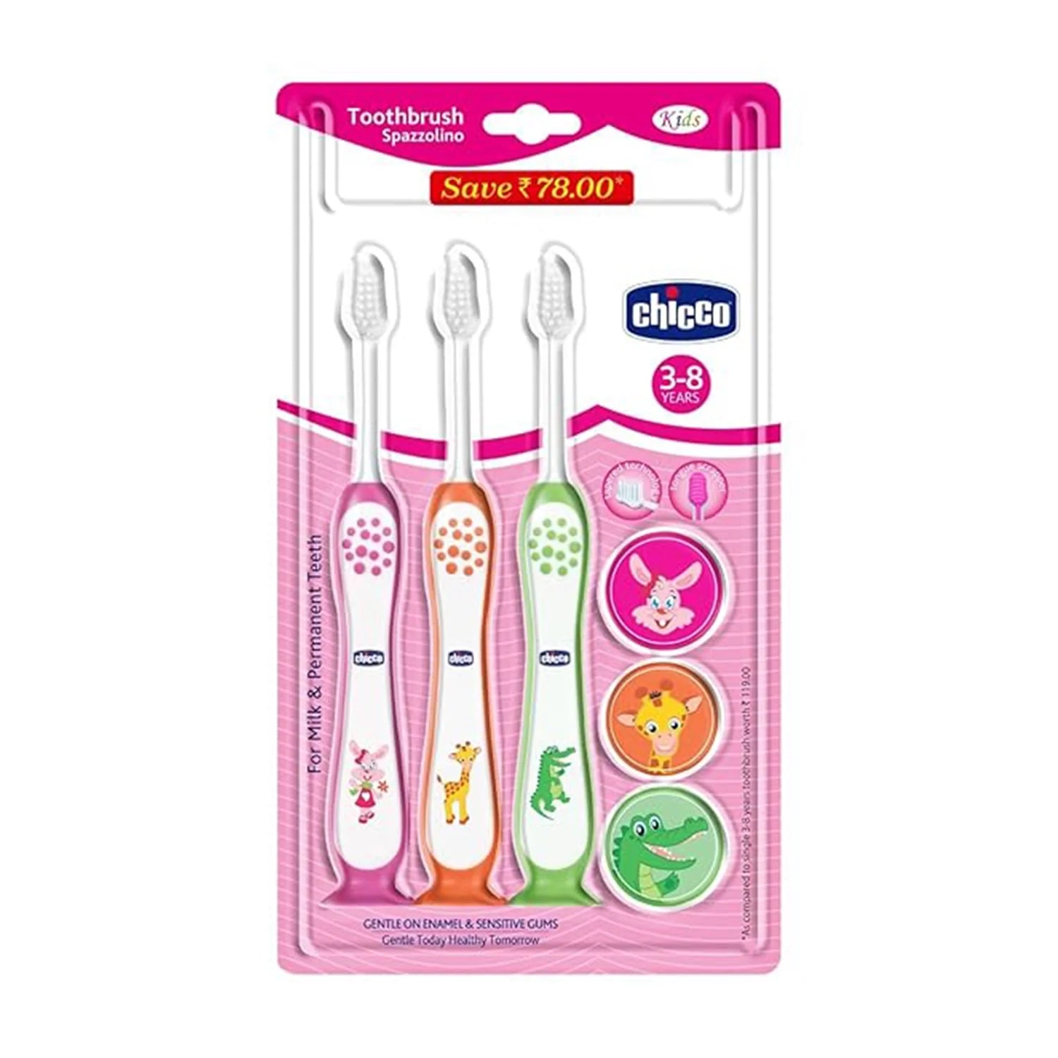 Chicco Toothbrush Set 3Y to 8Y Pink Orange & Green Pack of 3