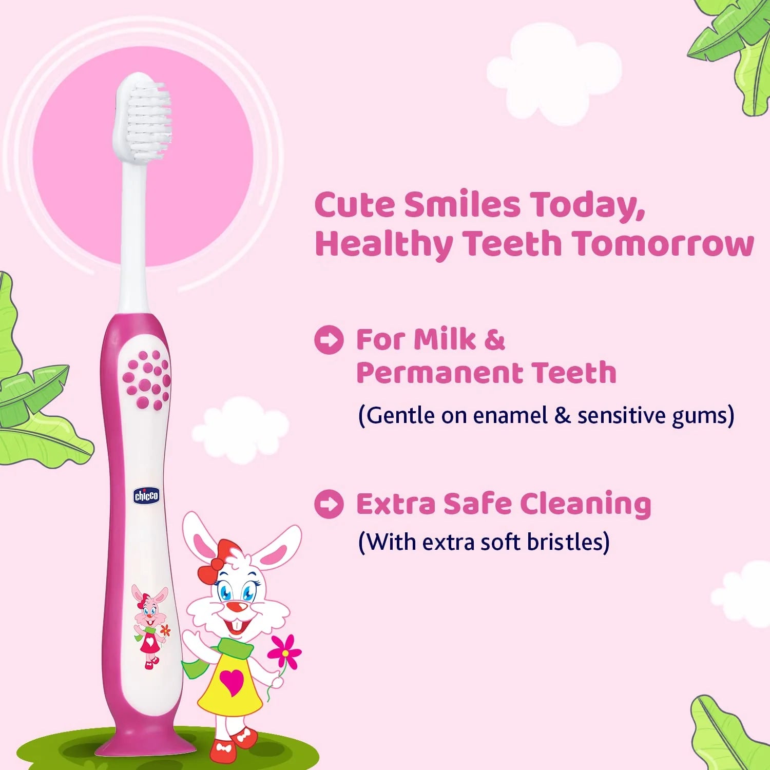 Chicco Toothbrush Set 3Y to 8Y Pink Orange & Green Pack of 3
