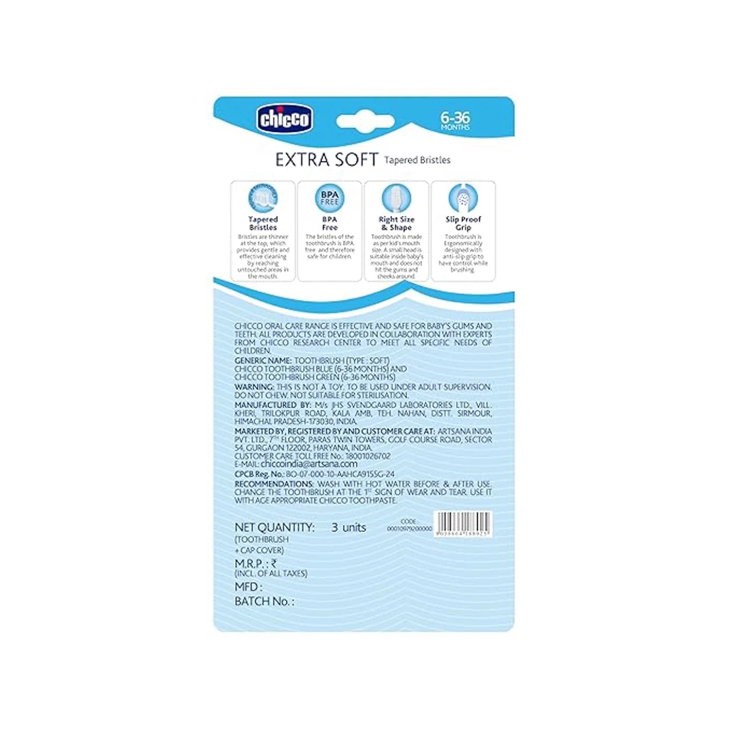 Chicco Toothbrush Set 6M to 36M Blue & Green Pack of 3