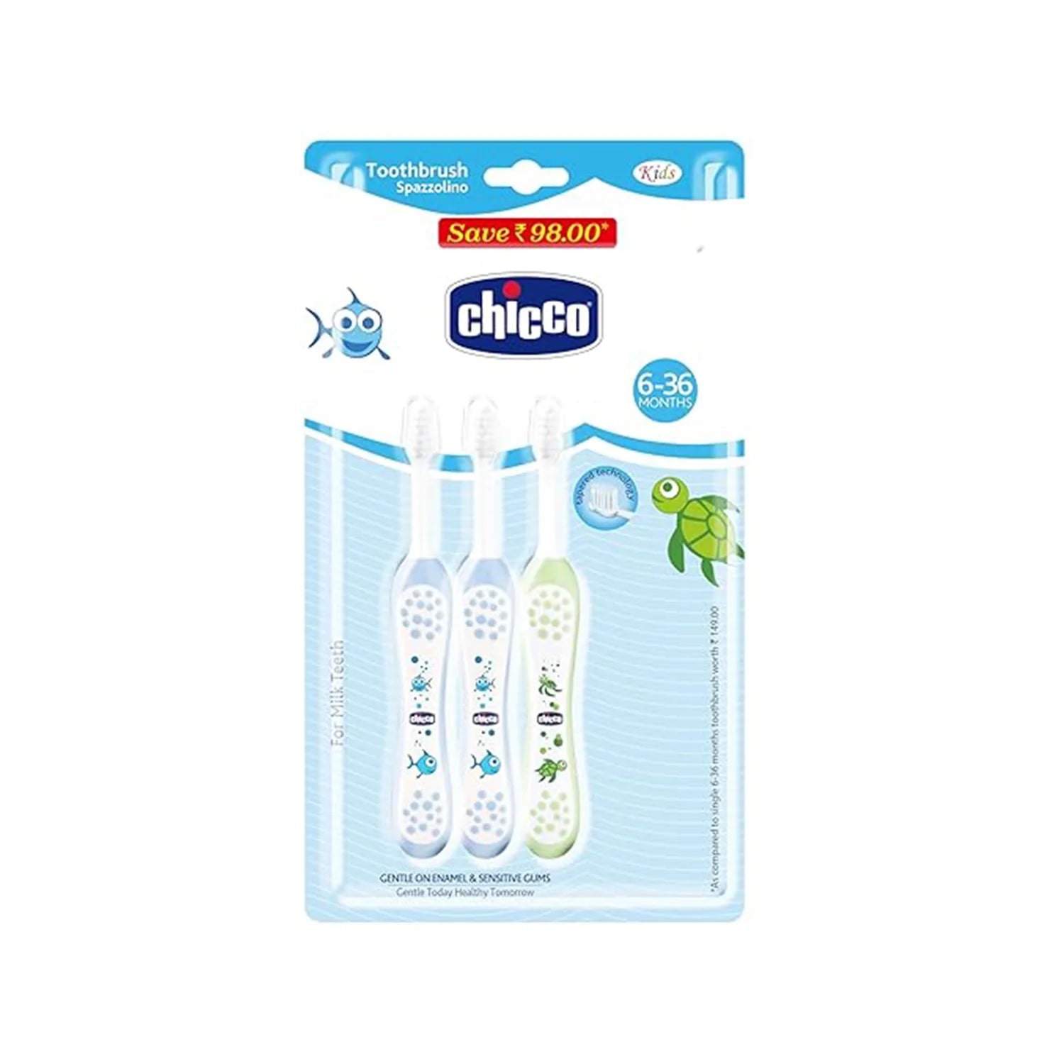 Chicco Toothbrush Set 6M to 36M Blue & Green Pack of 3