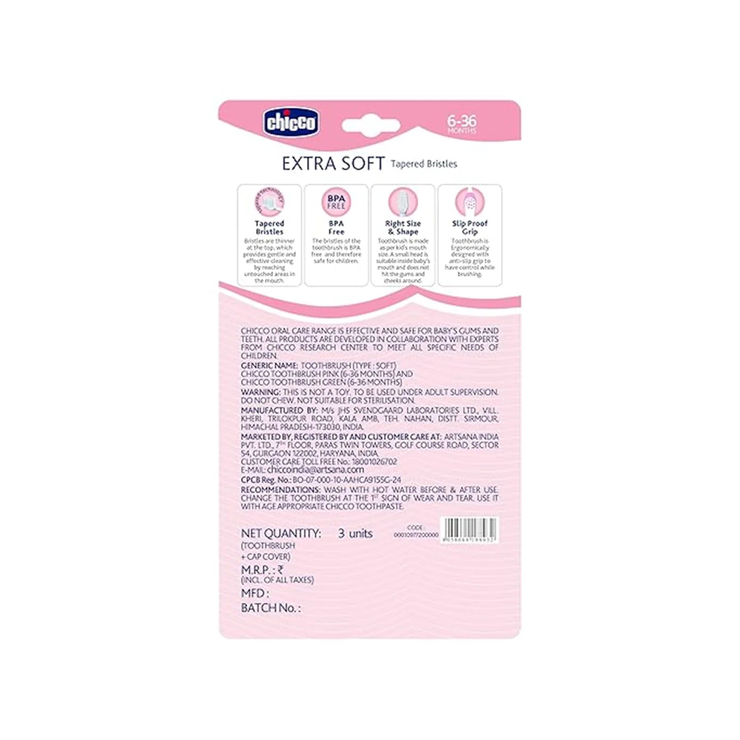 Chicco Toothbrush Set 6M to 36M Pink & Green Pack of 3