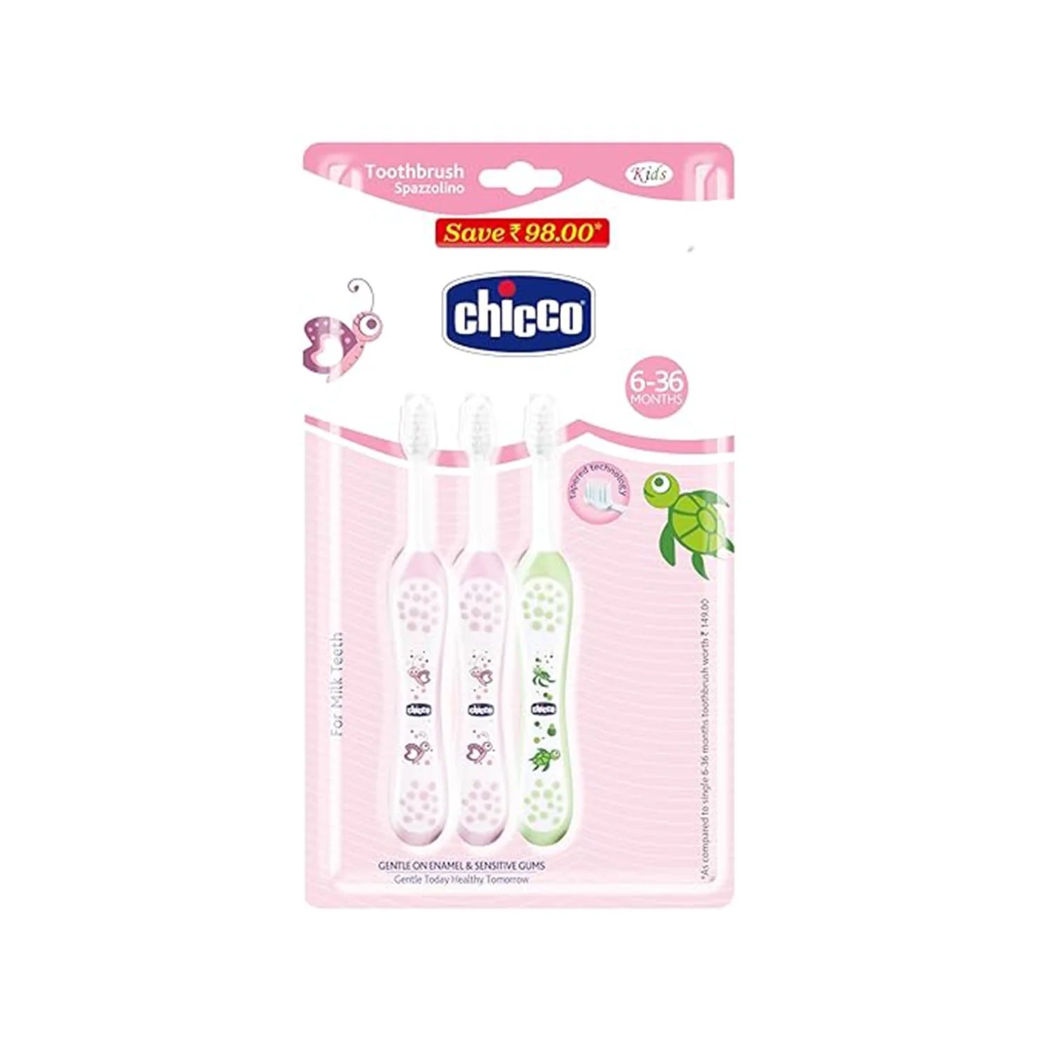 Chicco Toothbrush Set 6M to 36M Pink & Green Pack of 3
